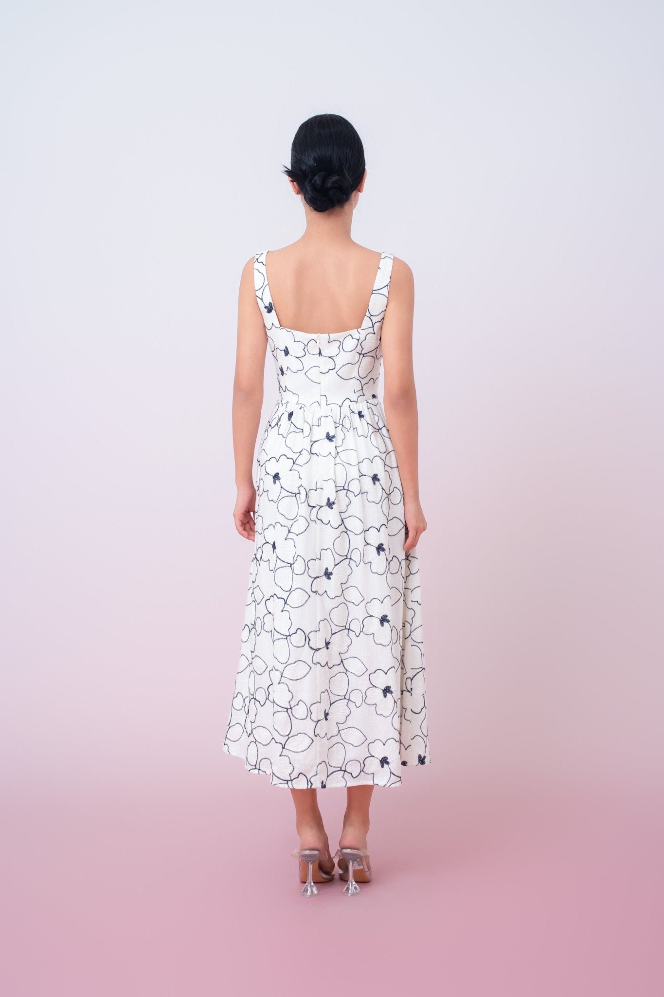 Joli Floral Embroidery In White Square Neck A - Line Dress - Nimisski