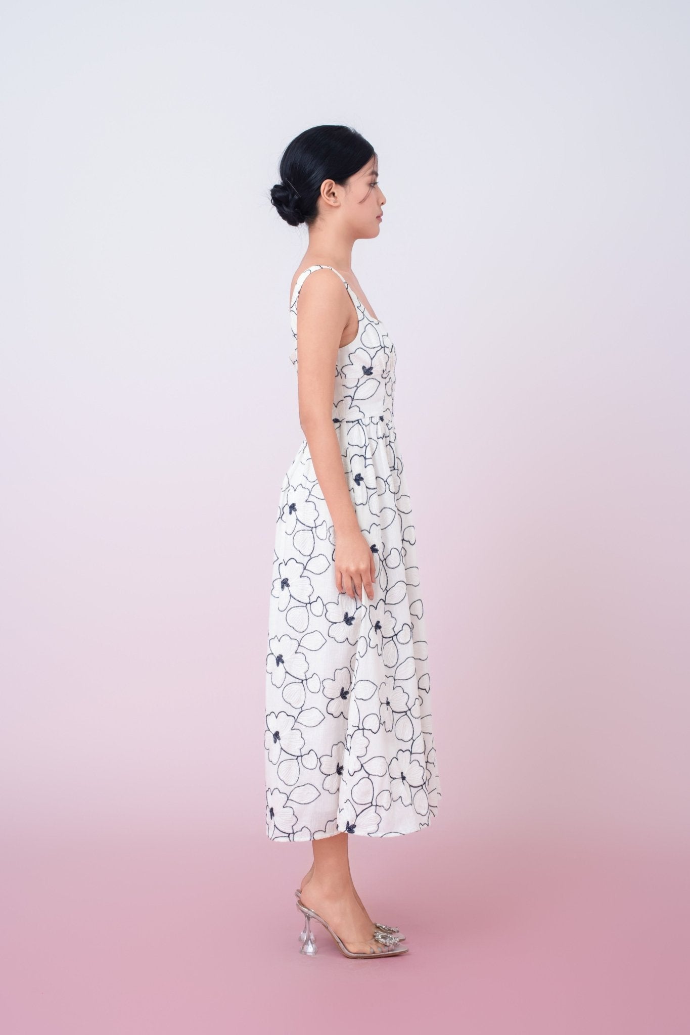 Joli Floral Embroidery In White Square Neck A - Line Dress - Nimisski