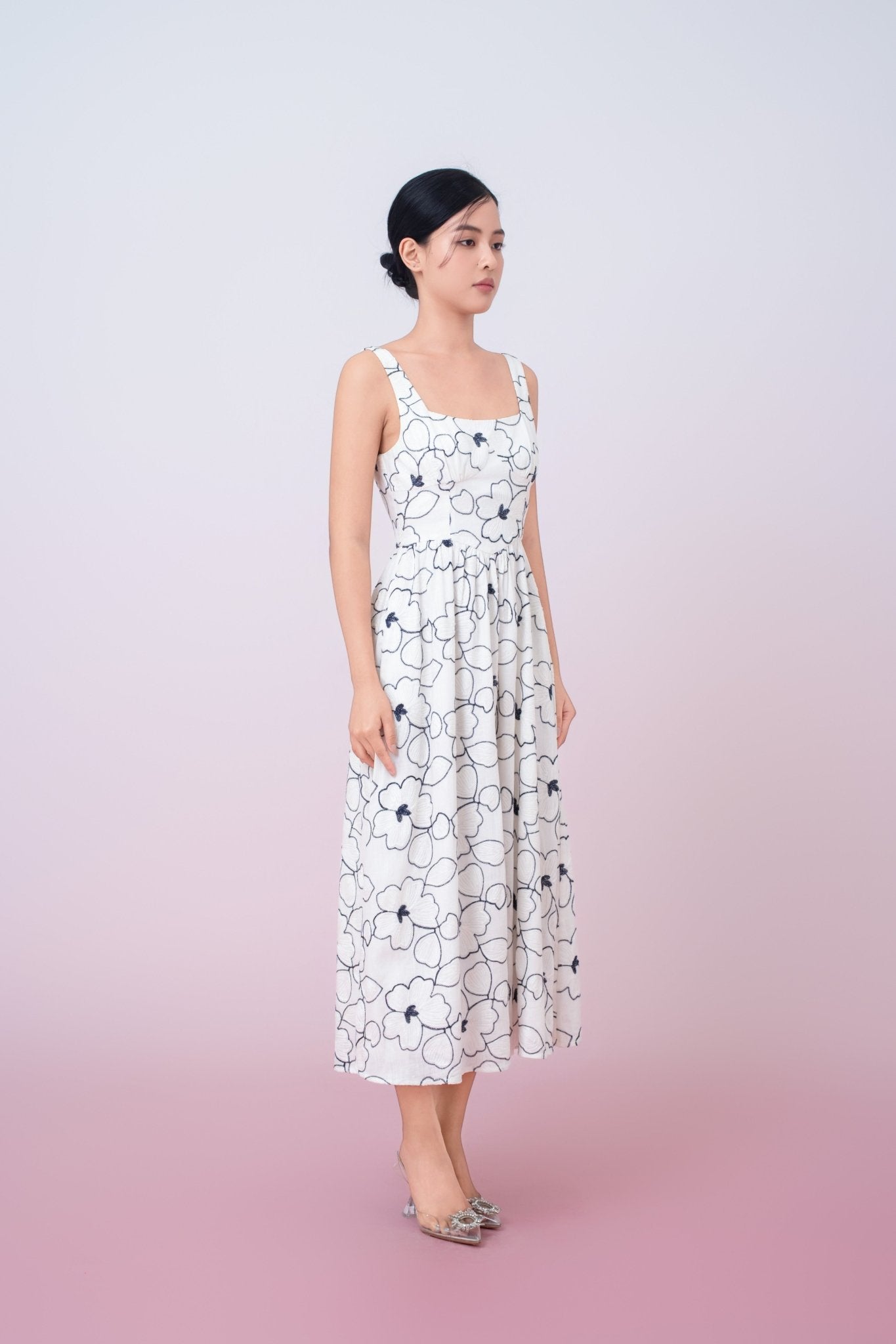 Joli Floral Embroidery In White Square Neck A - Line Dress - Nimisski