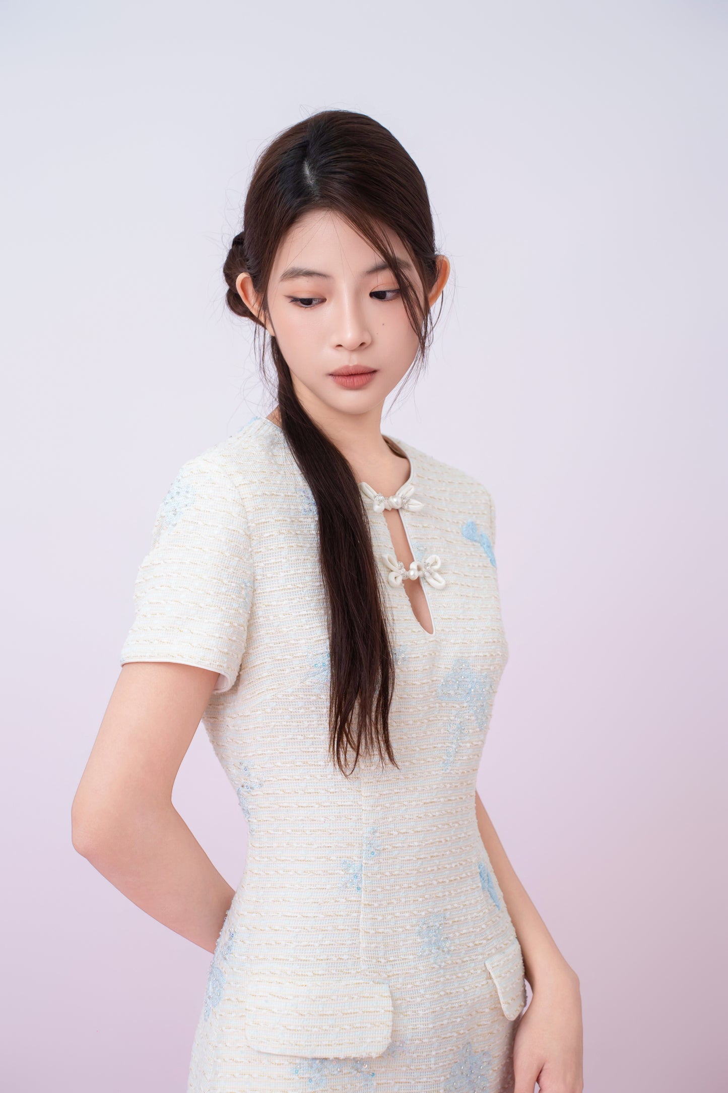 Kori Cream Tweed With Butterfly Embroidery Mini Cheongsam Dress