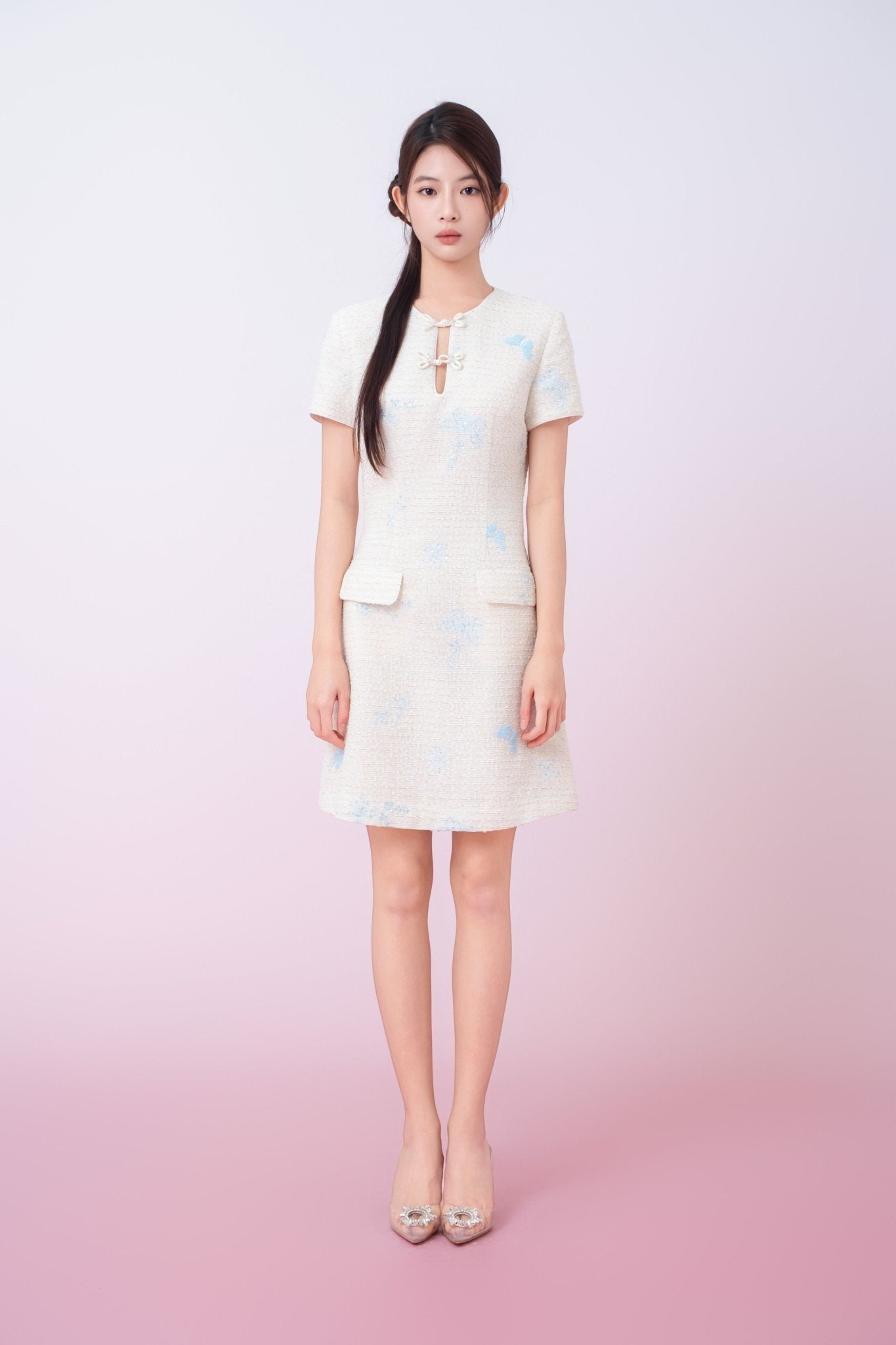 Kori Cream Tweed With Butterfly Embroidery Mini Cheongsam Dress - Nimisski