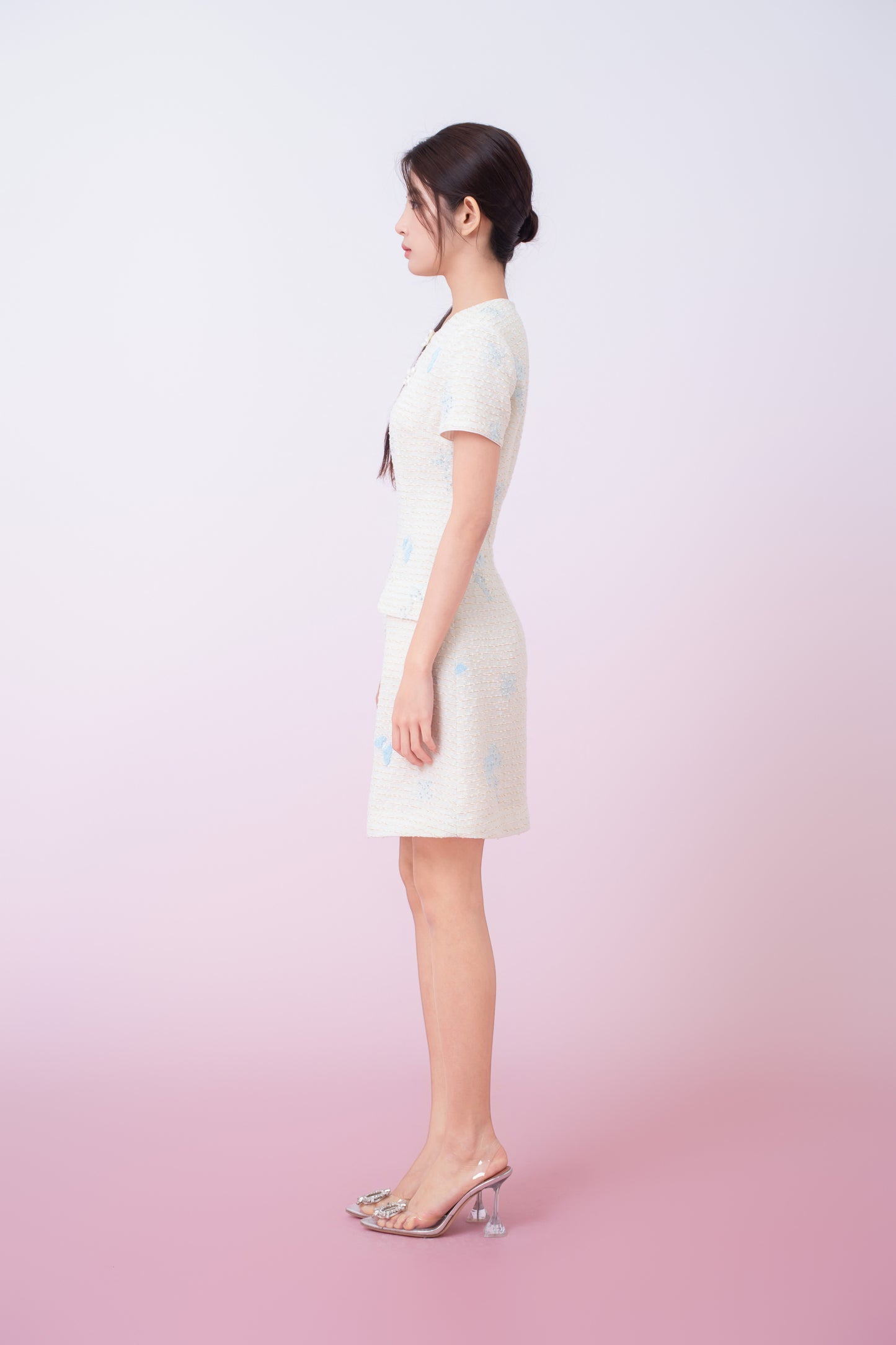 Kori Cream Tweed With Butterfly Embroidery Mini Cheongsam Dress