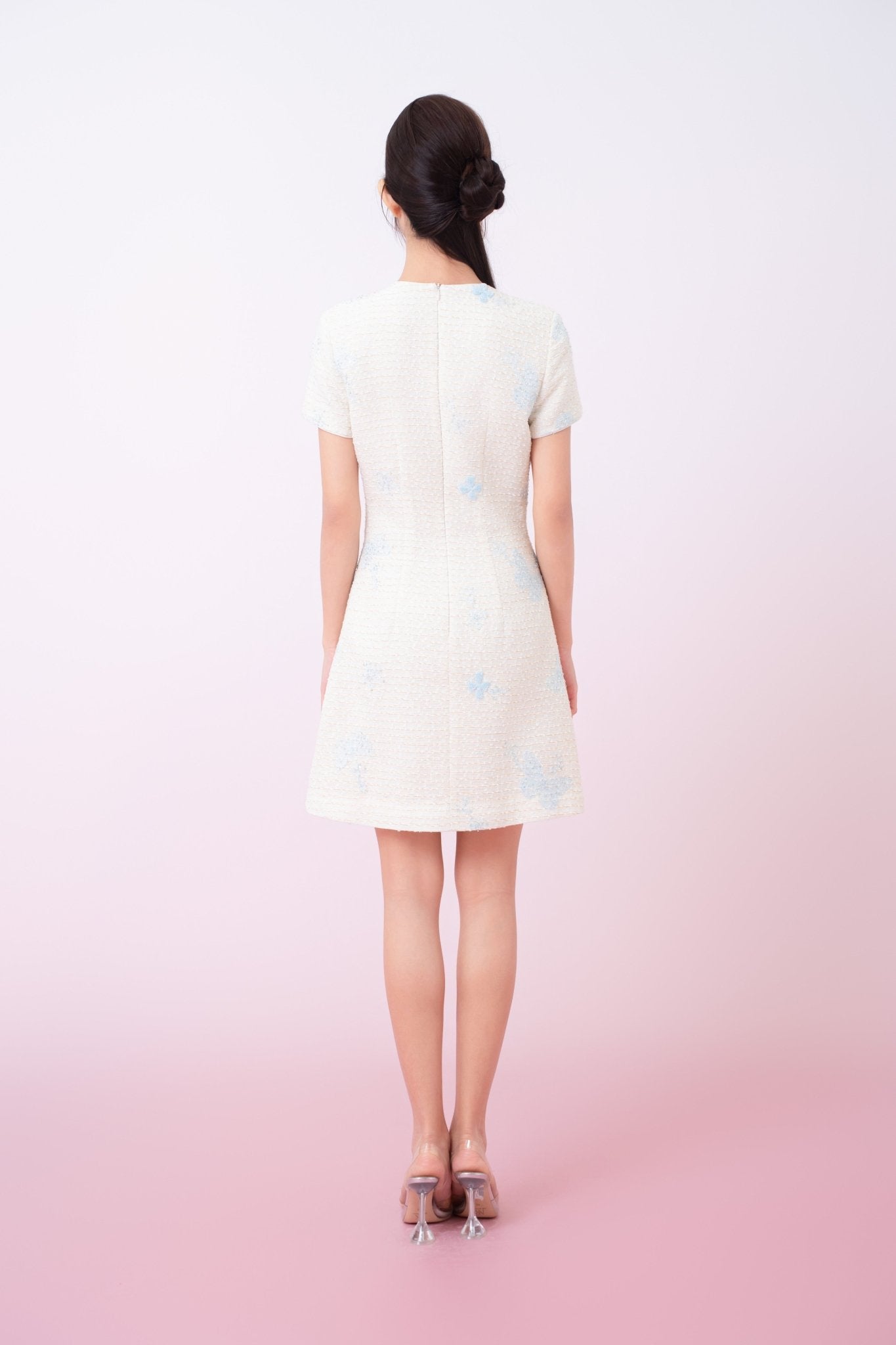 Kori Cream Tweed With Butterfly Embroidery Mini Cheongsam Dress - Nimisski
