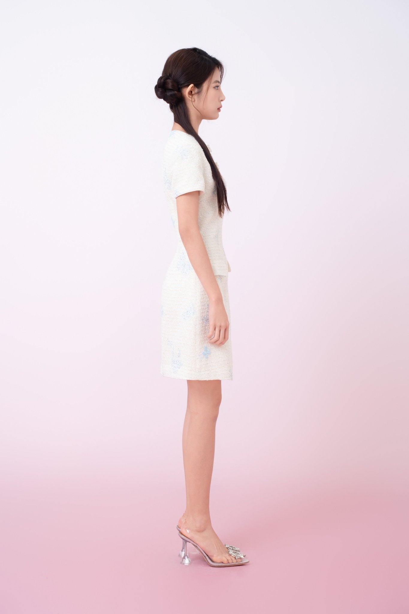 Kori Cream Tweed With Butterfly Embroidery Mini Cheongsam Dress - Nimisski