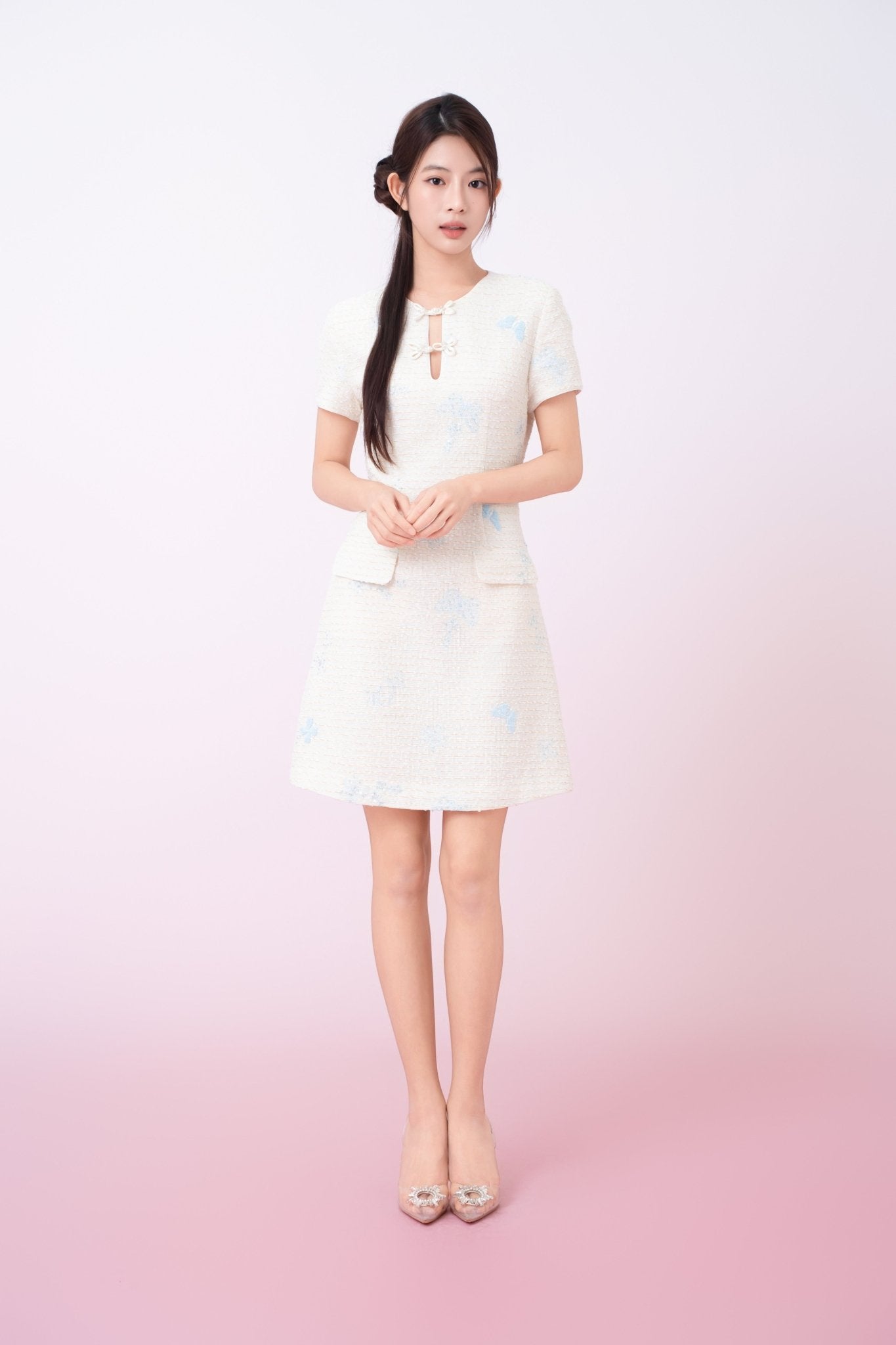 Kori Cream Tweed With Butterfly Embroidery Mini Cheongsam Dress - Nimisski