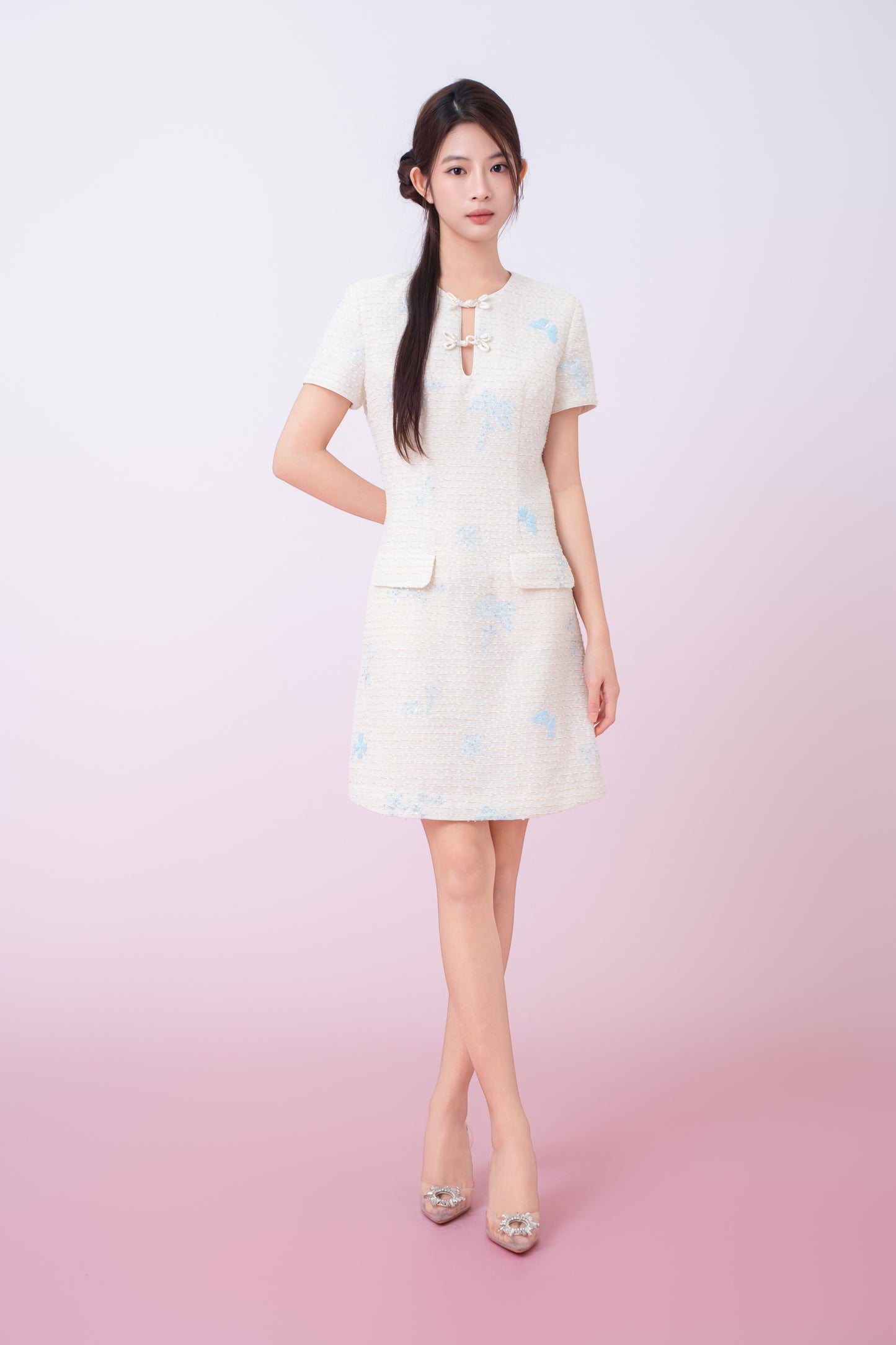 Kori Cream Tweed With Butterfly Embroidery Mini Cheongsam Dress