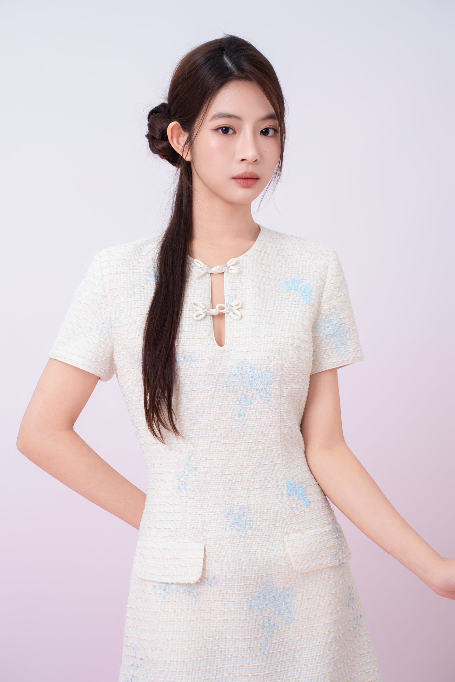 Kori Cream Tweed With Butterfly Embroidery Mini Cheongsam Dress