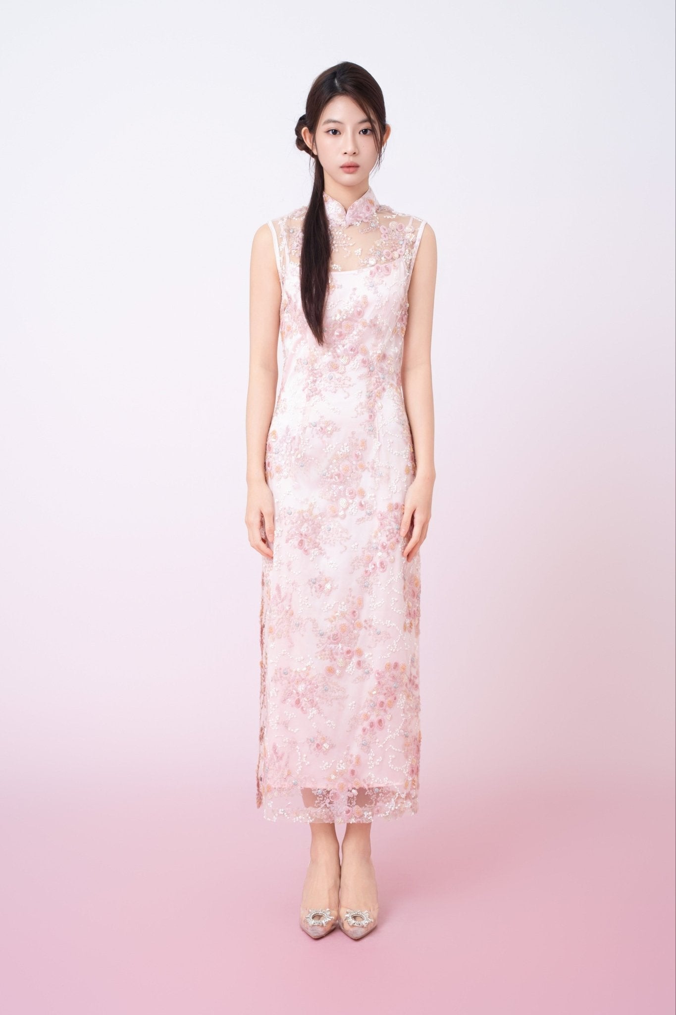 Kimber Light Pink Floral Sequins Sleeveless Cheongsam Dress - Nimisski