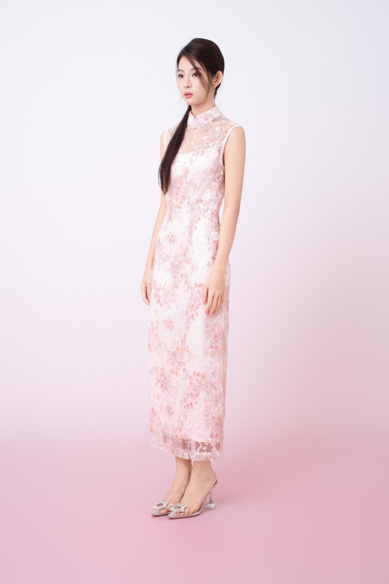 Kimber Light Pink Floral Sequins Sleeveless Cheongsam Dress - Nimisski