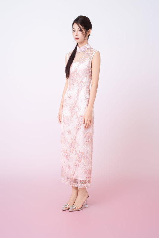 Kimber Light Pink Floral Sequins Sleeveless Cheongsam Dress - Nimisski