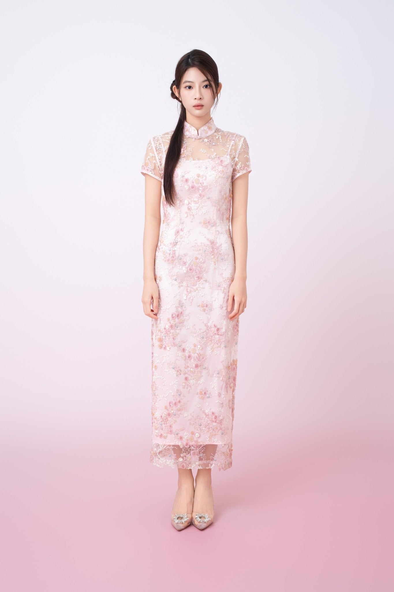 Kimber Light Pink Floral Sequins Cheongsam Dress - Nimisski