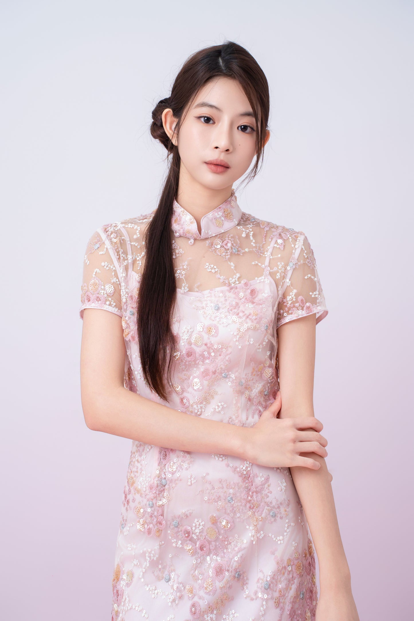 Kimber Light Pink Floral Sequins Cheongsam Dress