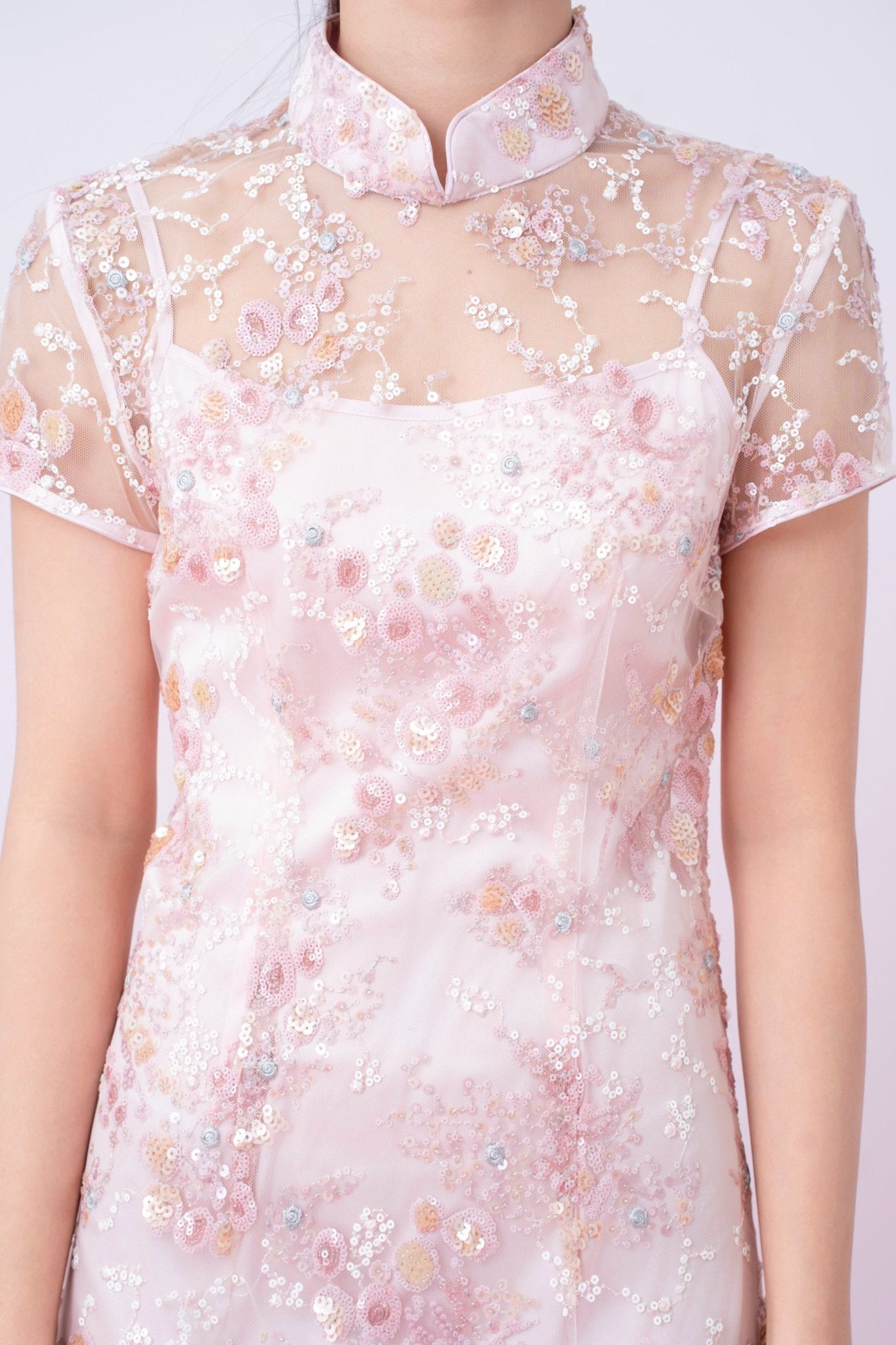 Kimber Light Pink Floral Sequins Cheongsam Dress - Nimisski