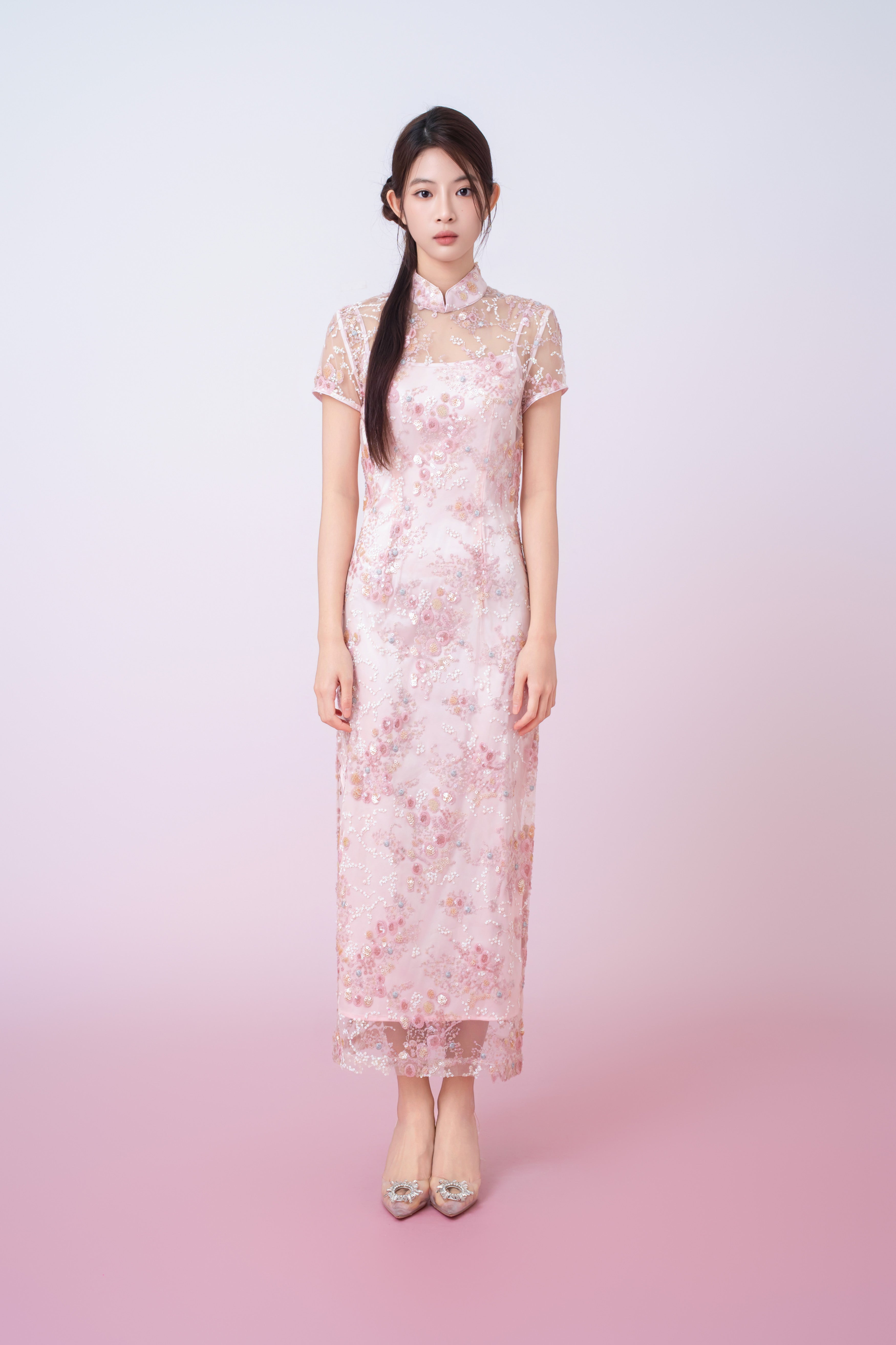 Kimber Light Pink Floral Sequins Cheongsam Dress