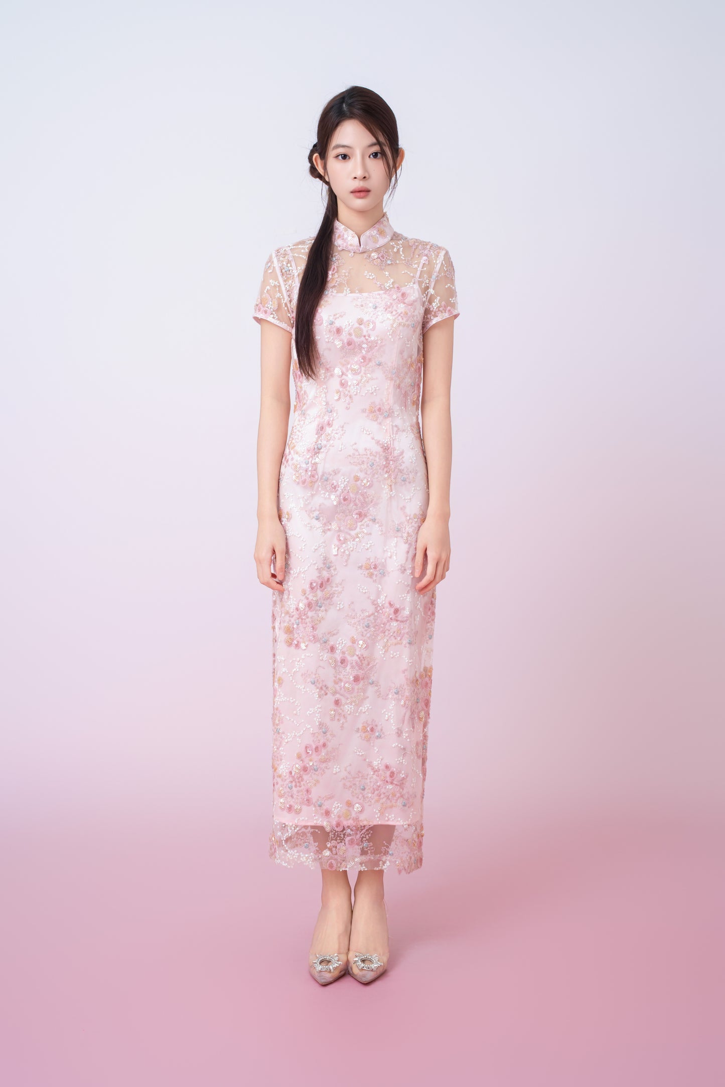 Kimber Light Pink Floral Sequins Cheongsam Dress
