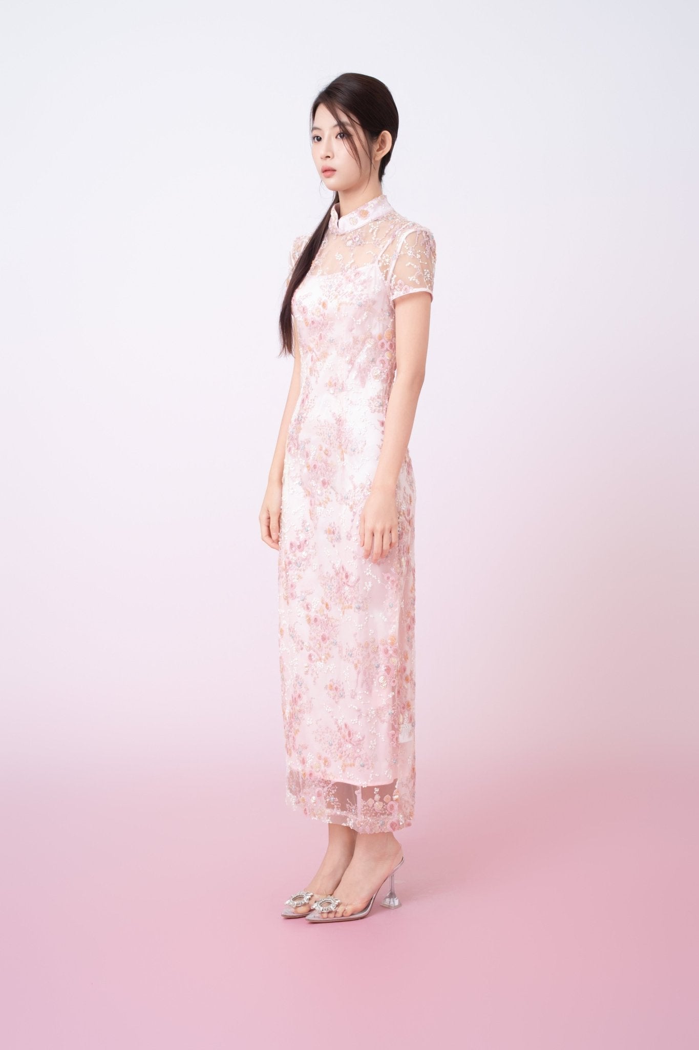 Kimber Light Pink Floral Sequins Cheongsam Dress - Nimisski