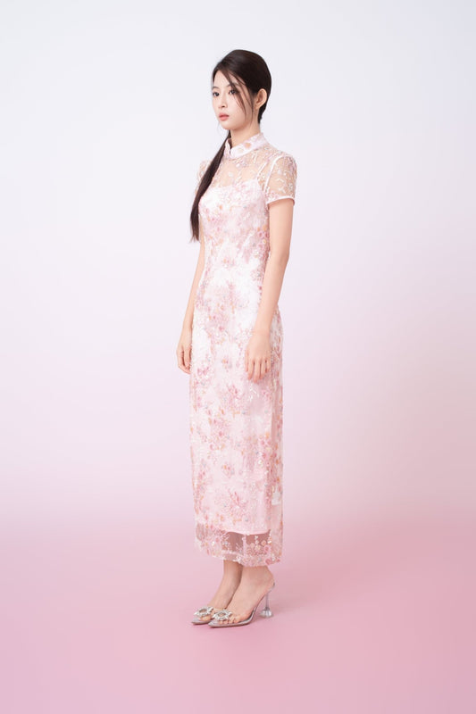 Kimber Light Pink Floral Sequins Cheongsam Dress - Nimisski