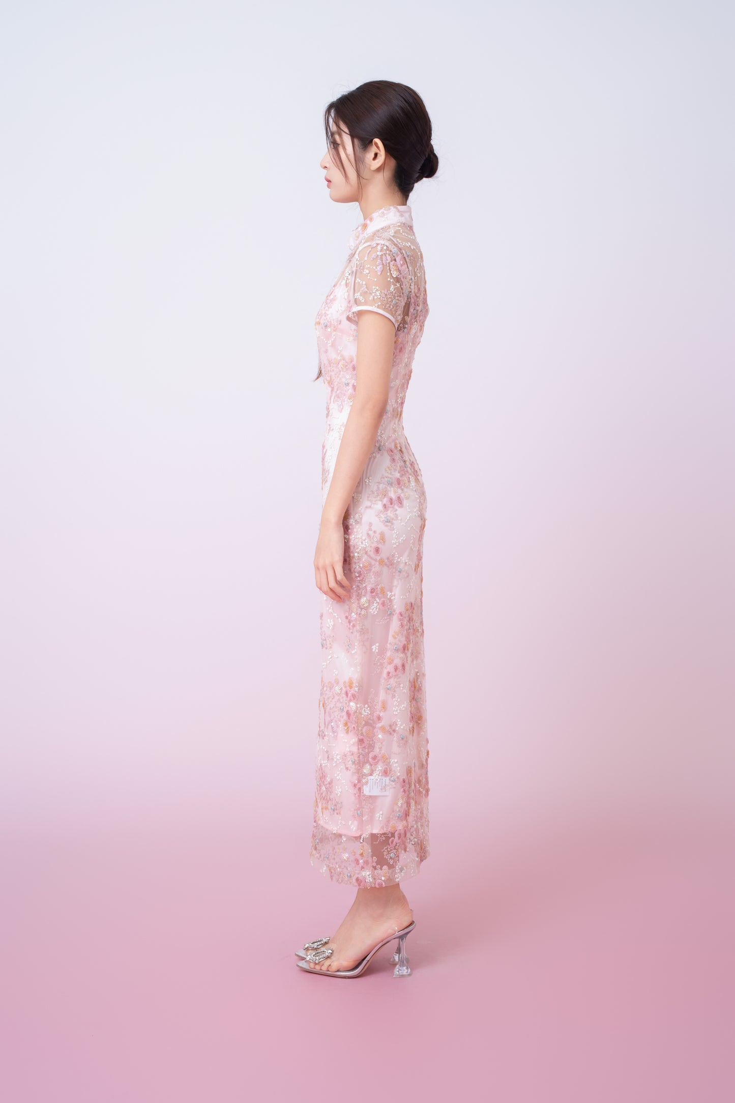 Kimber Light Pink Floral Sequins Cheongsam Dress