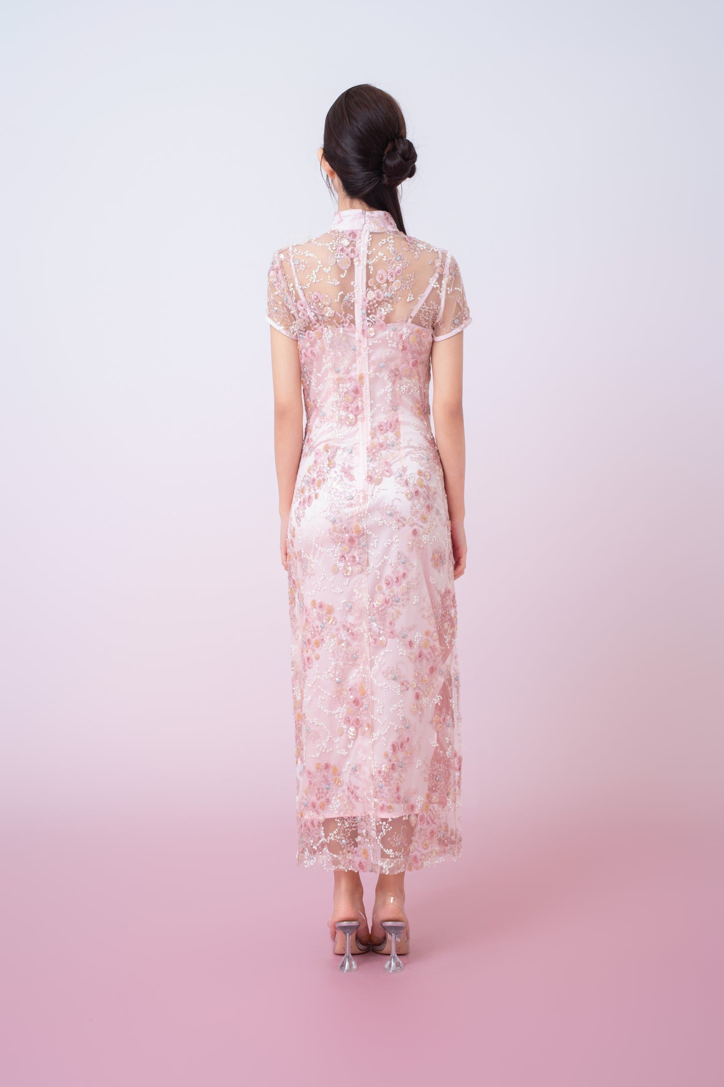 Kimber Light Pink Floral Sequins Cheongsam Dress