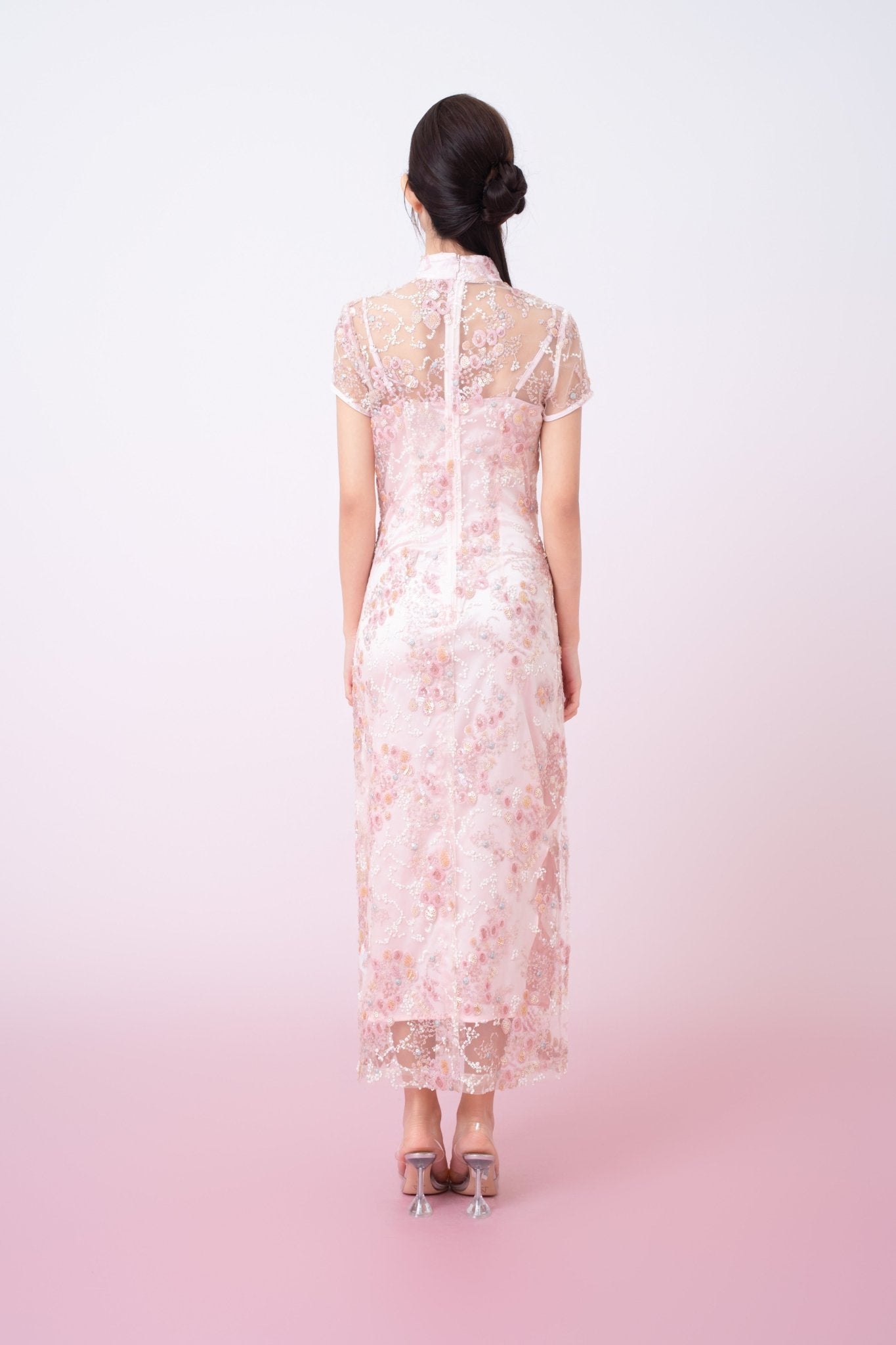 Kimber Light Pink Floral Sequins Cheongsam Dress - Nimisski