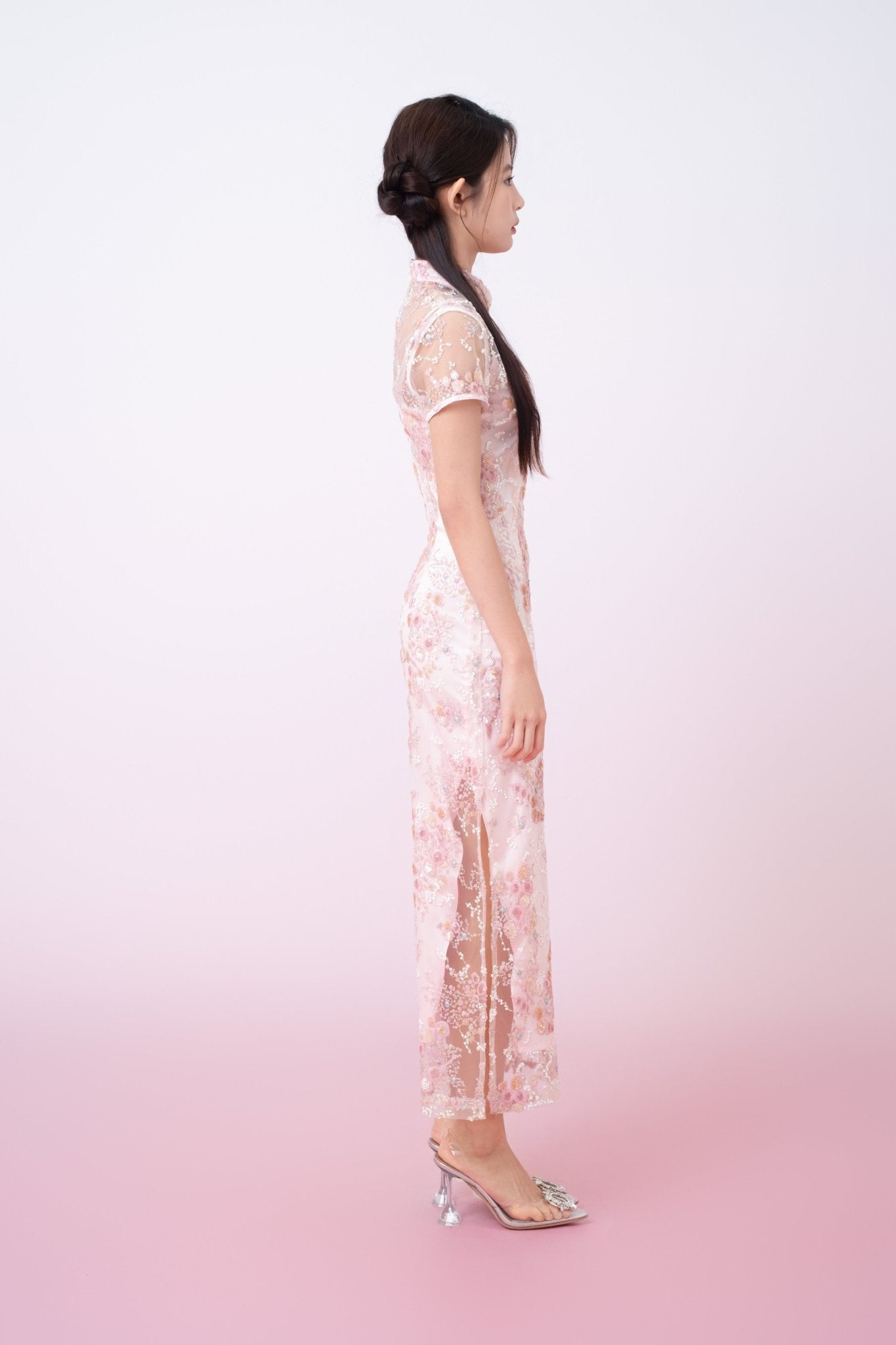 Kimber Light Pink Floral Sequins Cheongsam Dress - Nimisski