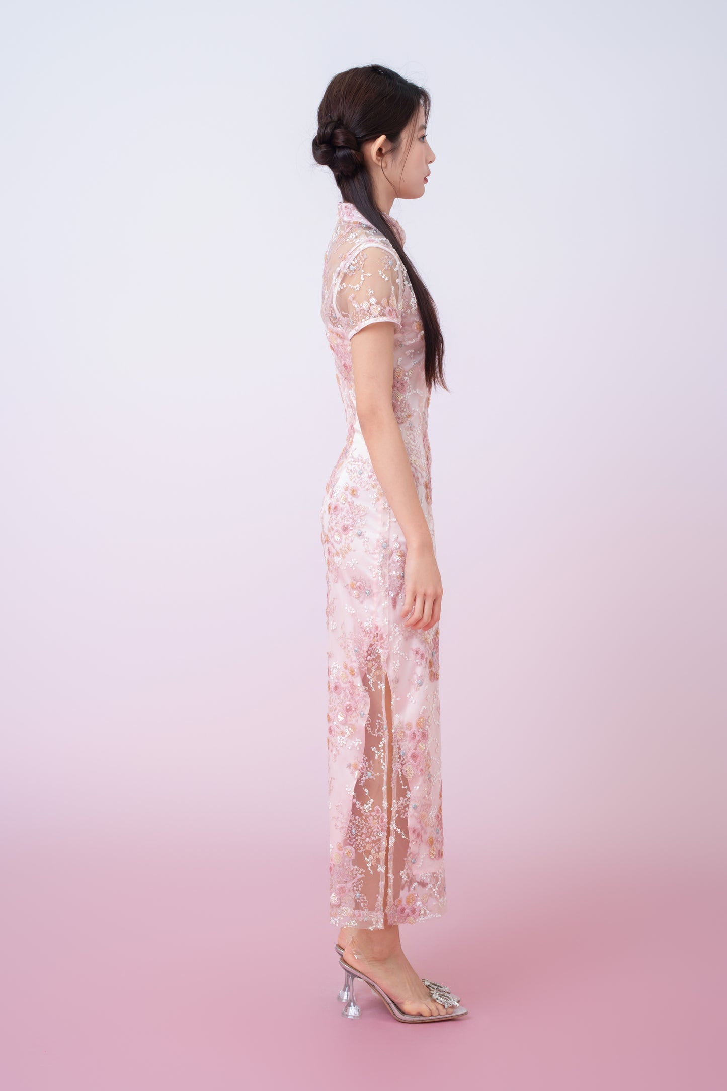 Kimber Light Pink Floral Sequins Cheongsam Dress
