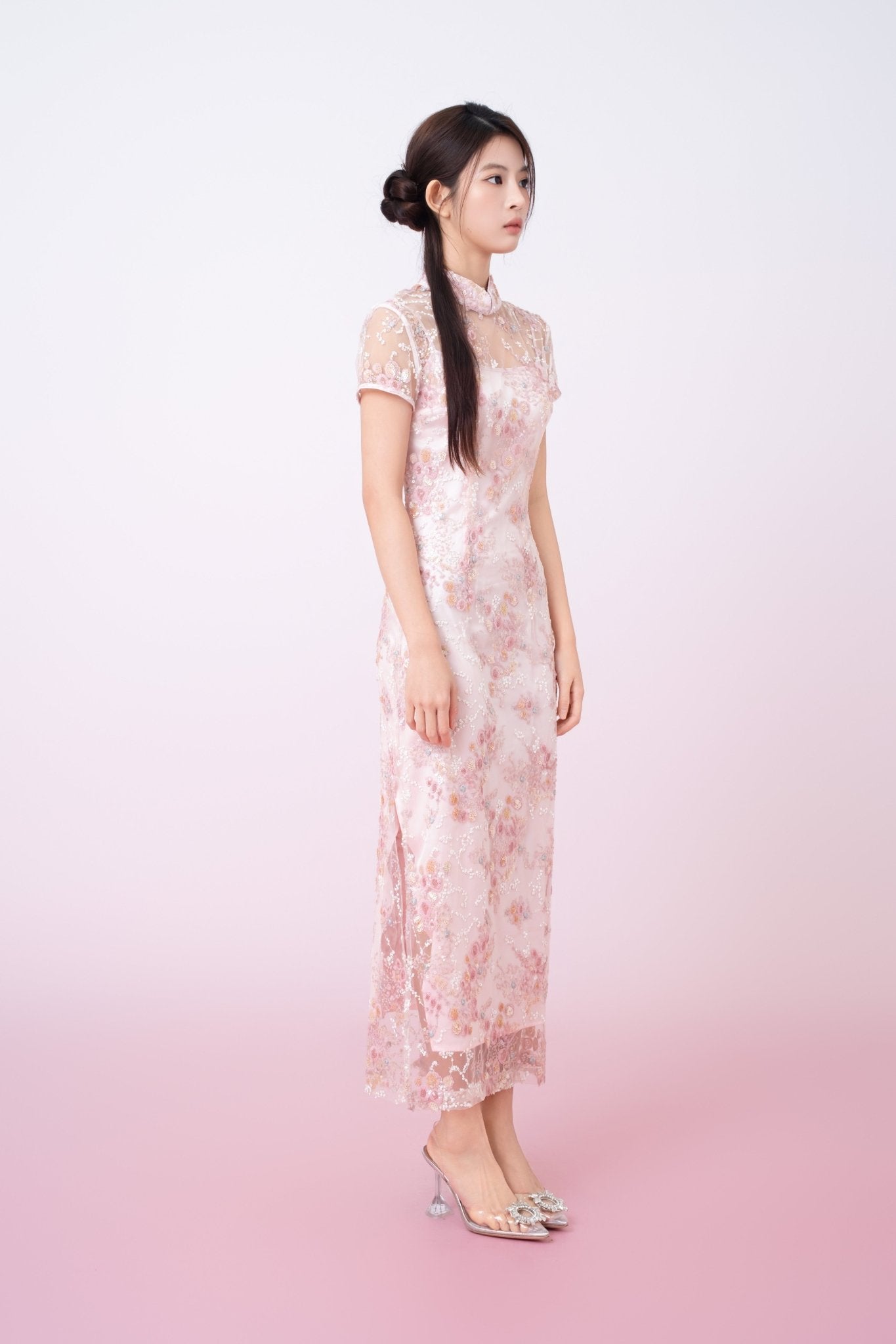 Kimber Light Pink Floral Sequins Cheongsam Dress - Nimisski