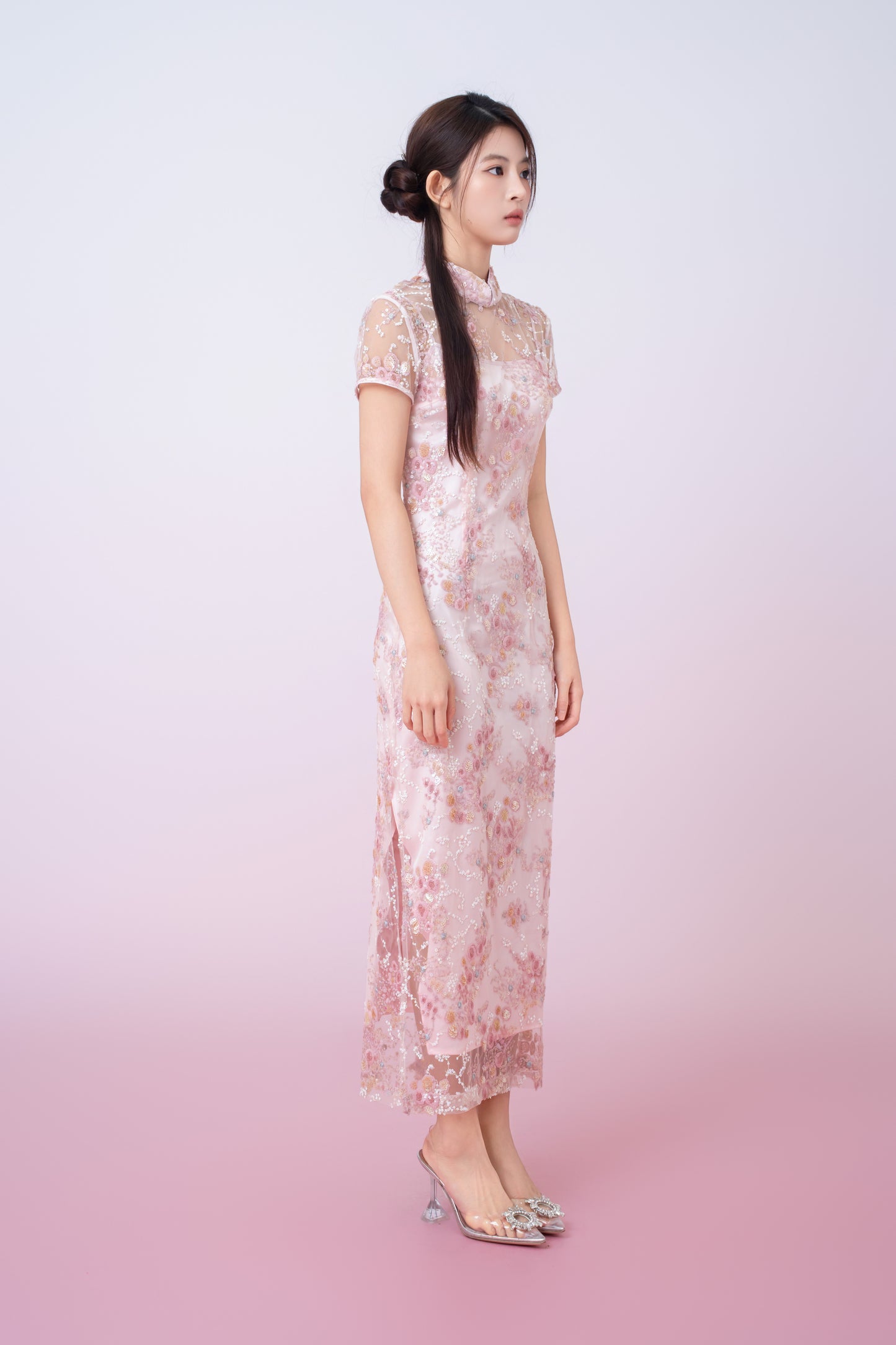 Kimber Light Pink Floral Sequins Cheongsam Dress