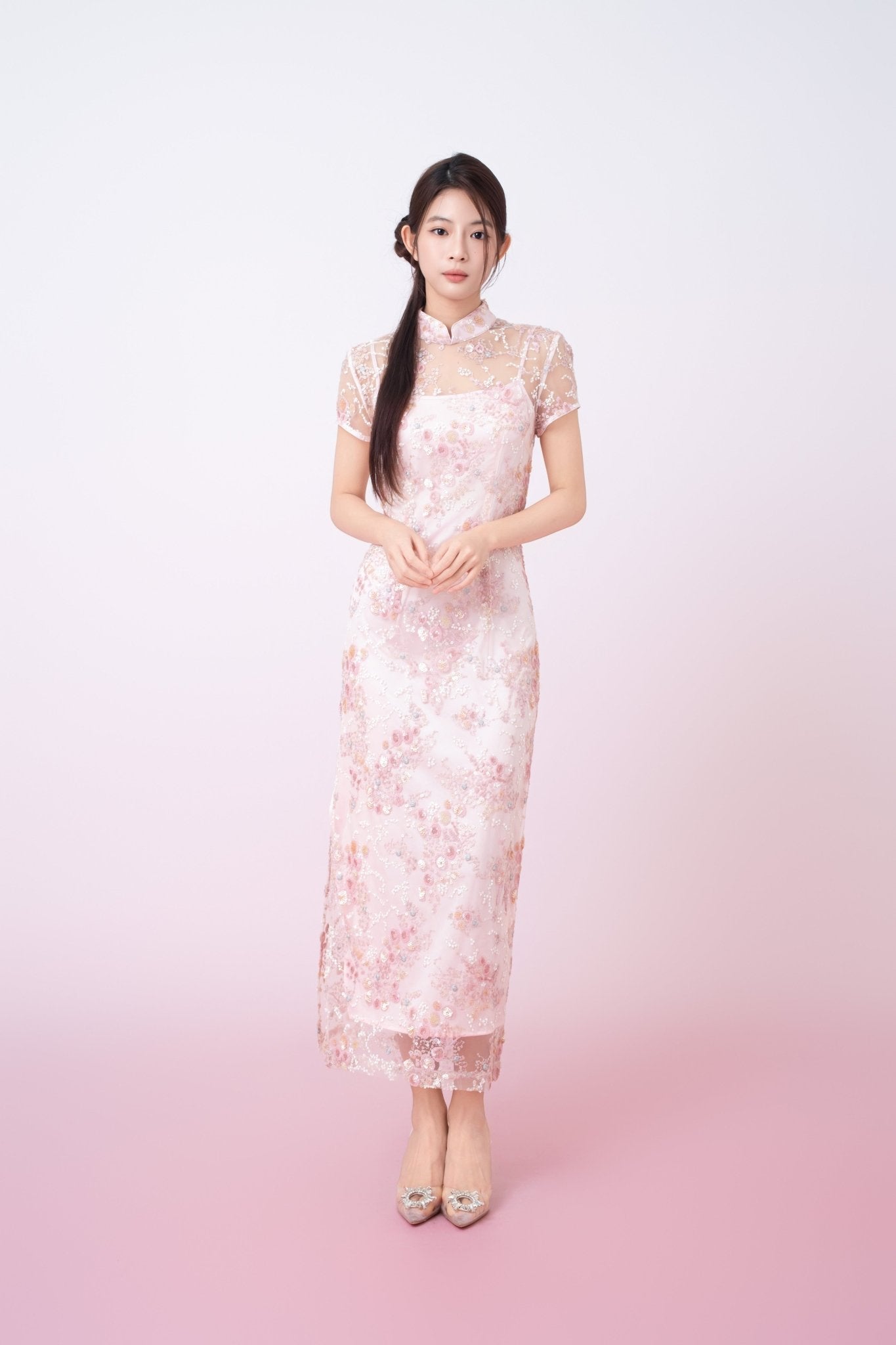 Kimber Light Pink Floral Sequins Cheongsam Dress - Nimisski