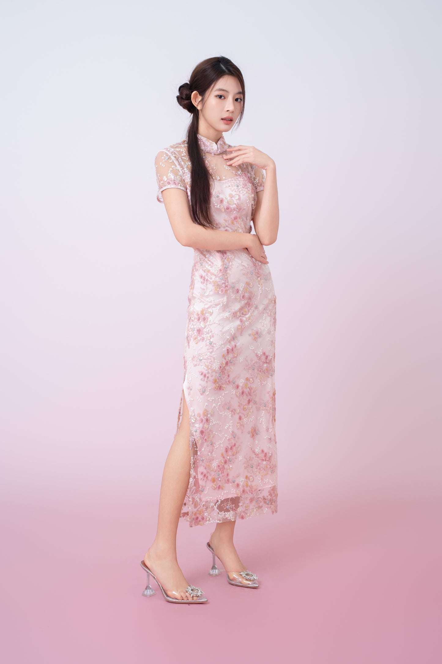 Kimber Light Pink Floral Sequins Cheongsam Dress