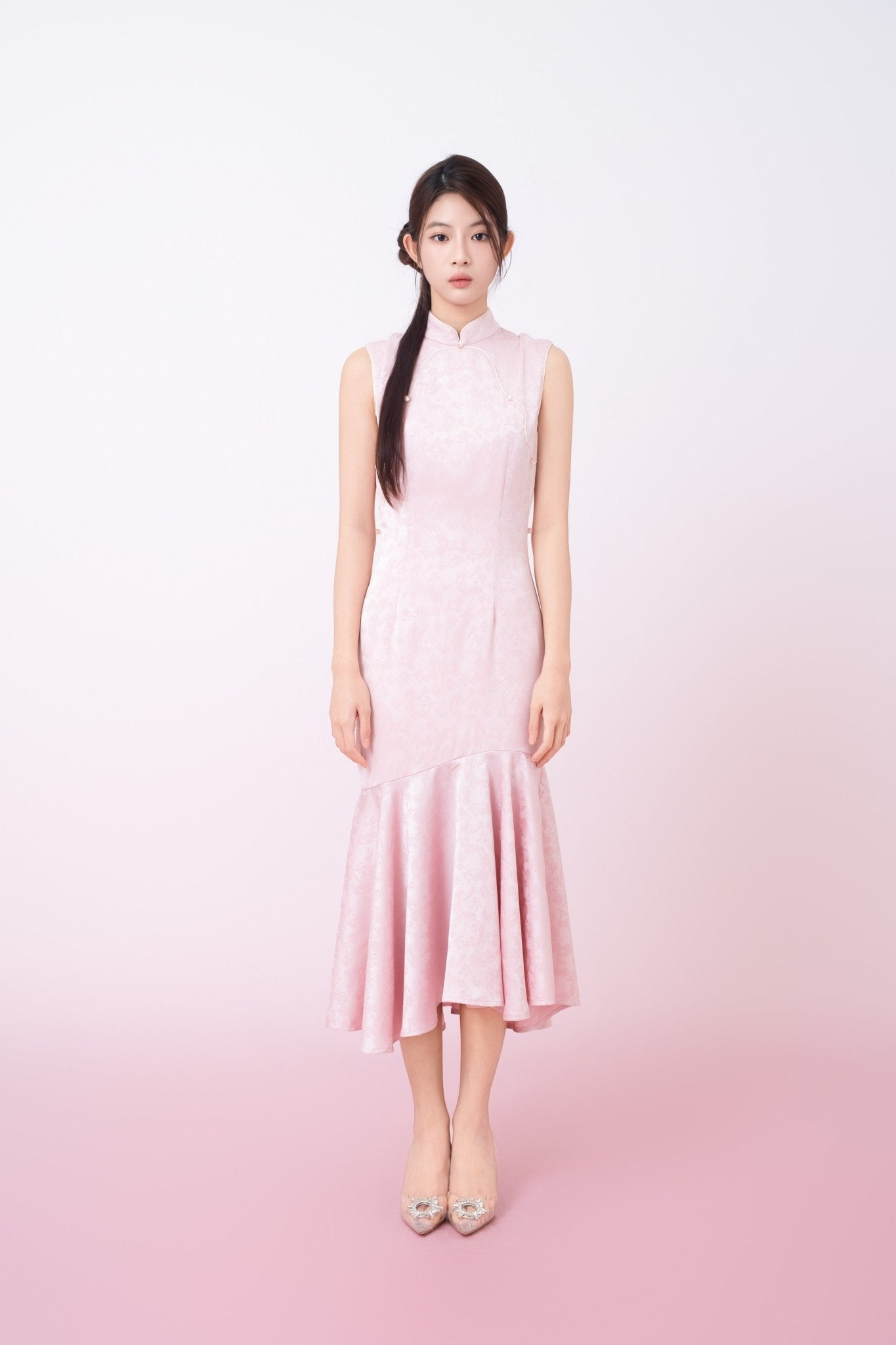 Kynlee Pink Jacquard Mandarin Collar Mermaid Cheongsam Dress - Nimisski