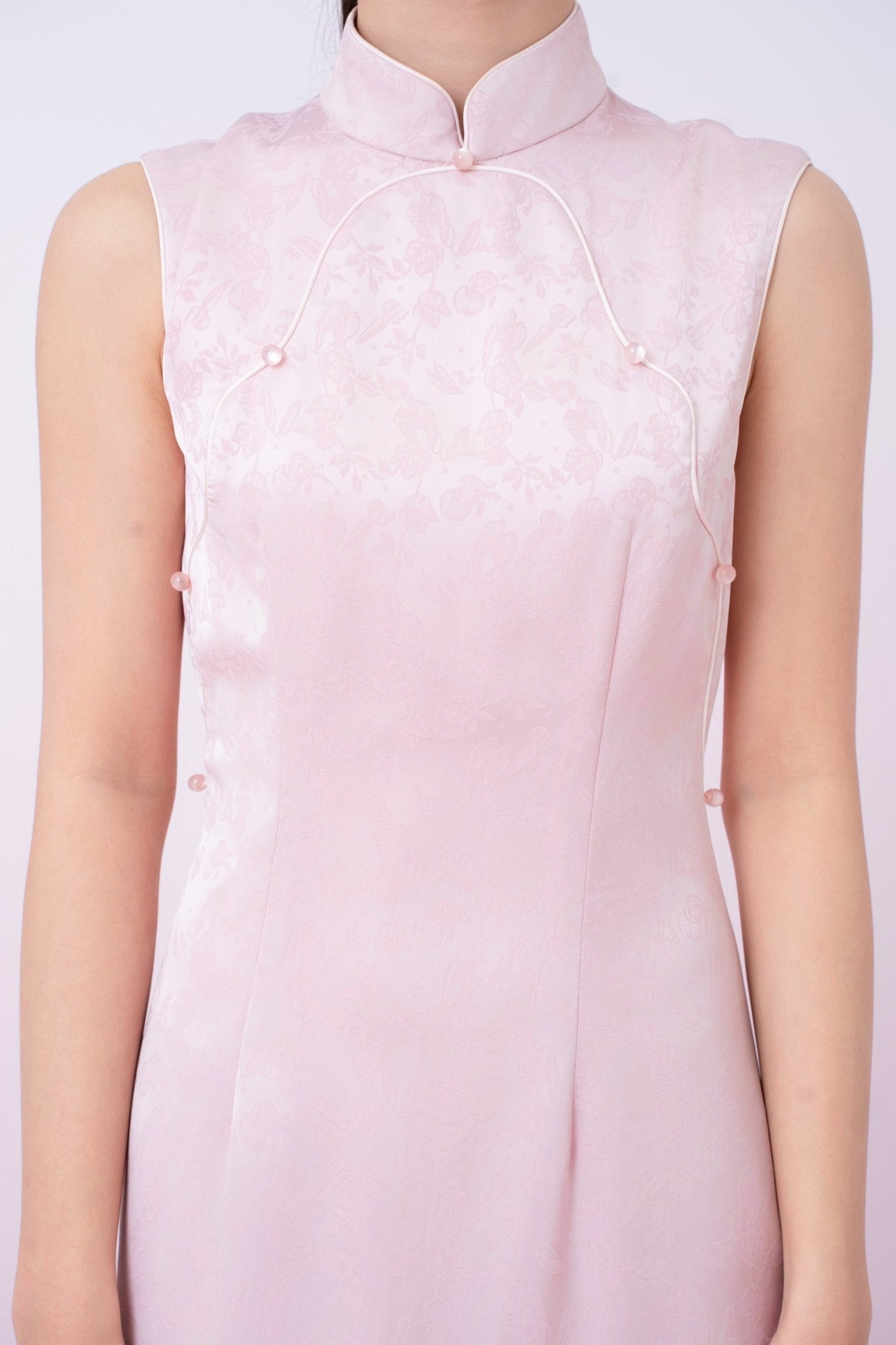 Kynlee Pink Jacquard Mandarin Collar Mermaid Cheongsam Dress - Nimisski