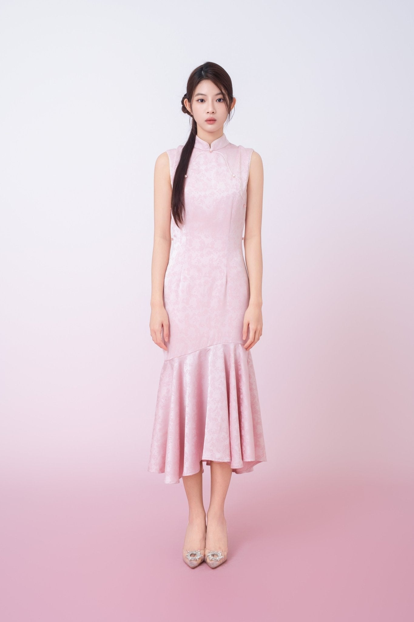 Kynlee Pink Jacquard Mandarin Collar Mermaid Cheongsam Dress - Nimisski