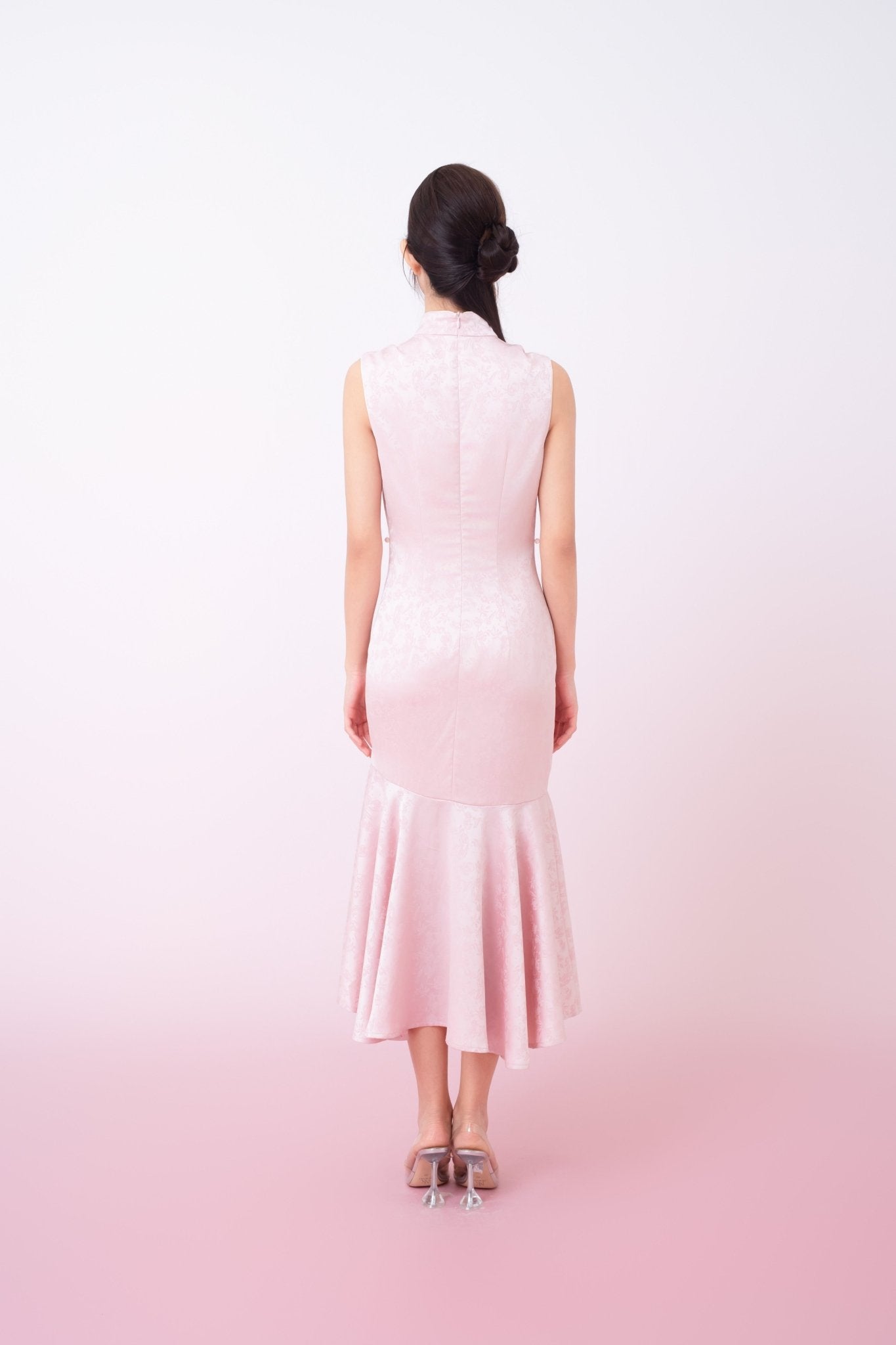 Kynlee Pink Jacquard Mandarin Collar Mermaid Cheongsam Dress - Nimisski