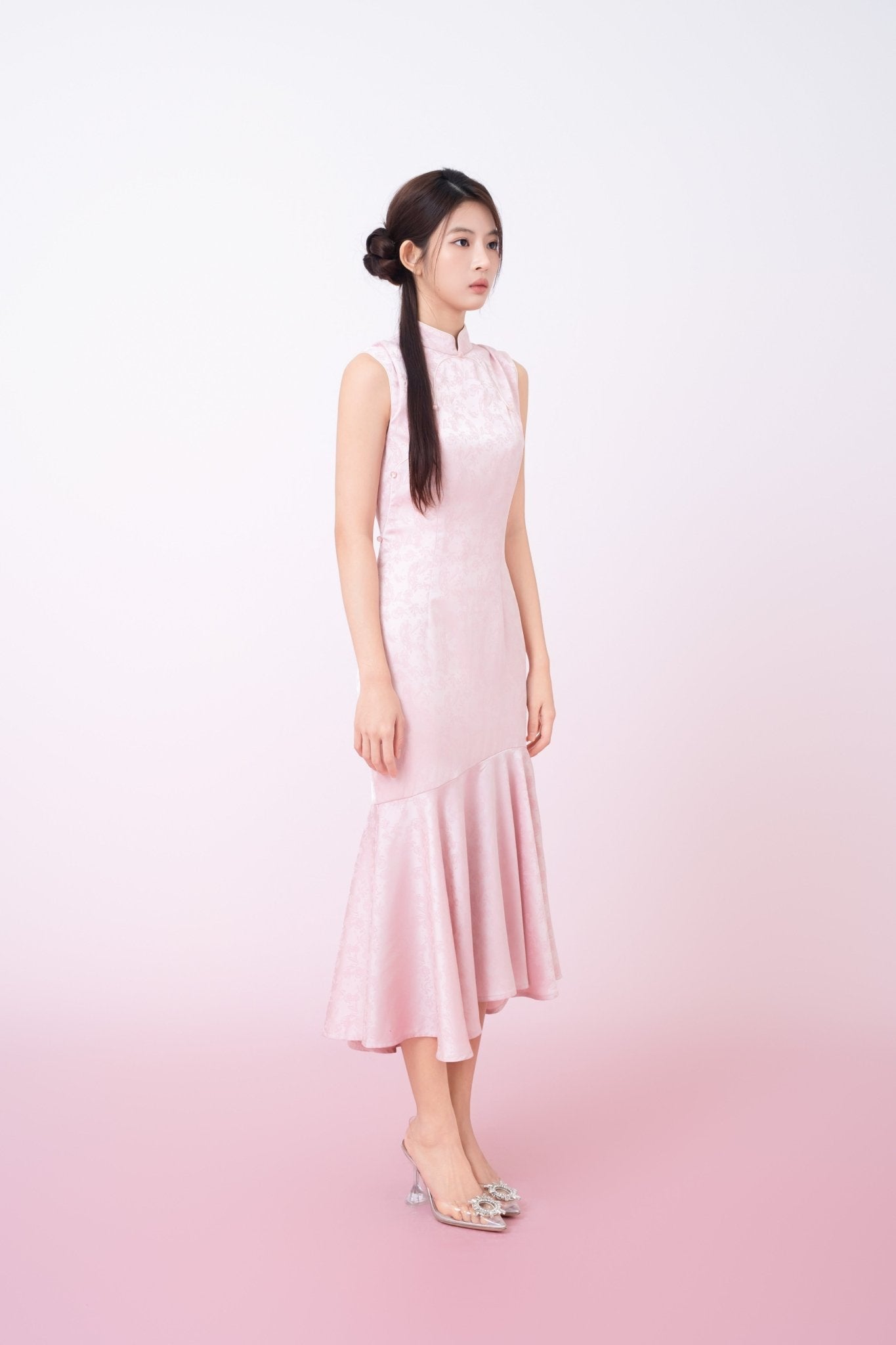 Kynlee Pink Jacquard Mandarin Collar Mermaid Cheongsam Dress - Nimisski