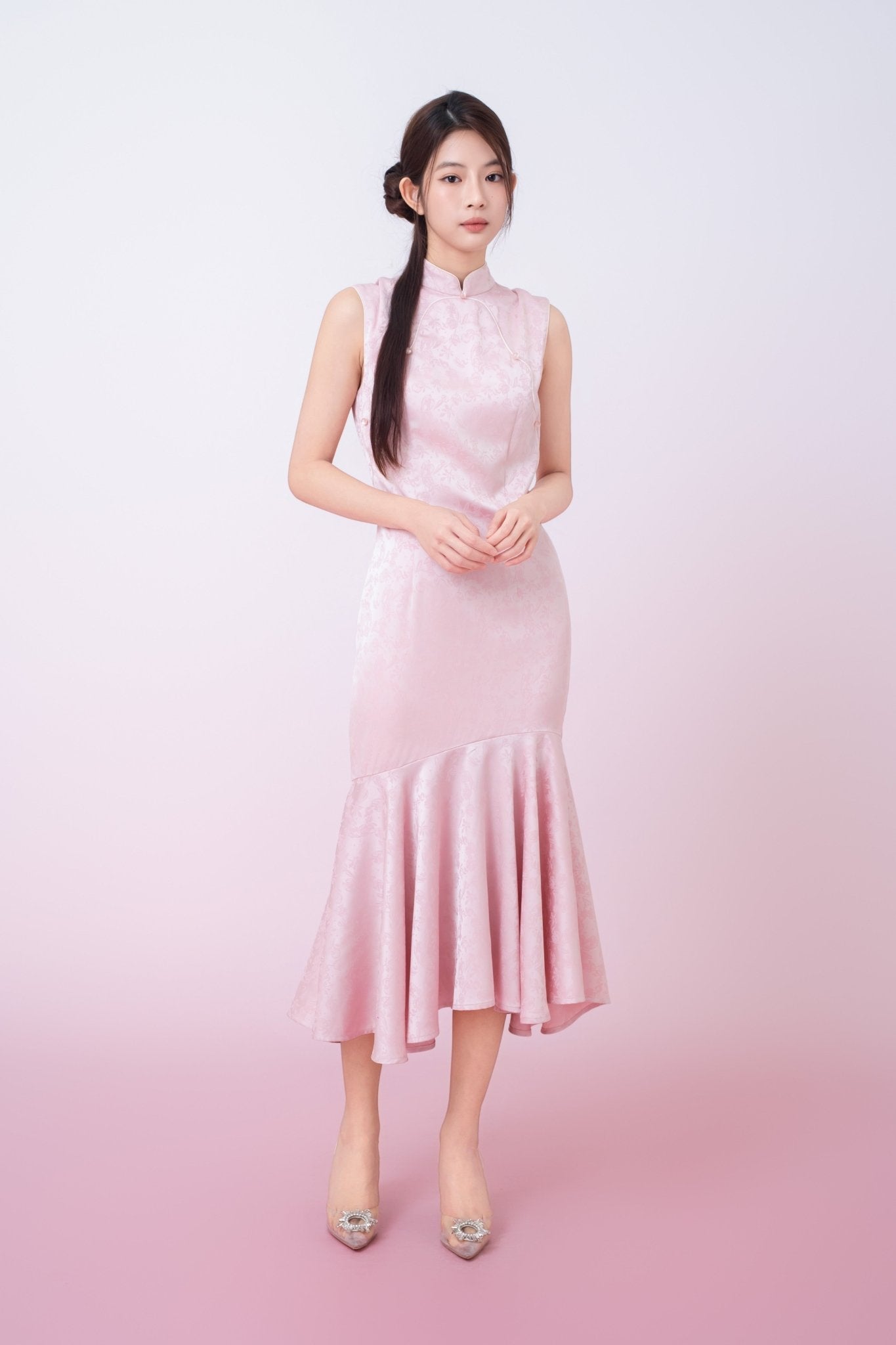 Kynlee Pink Jacquard Mandarin Collar Mermaid Cheongsam Dress - Nimisski