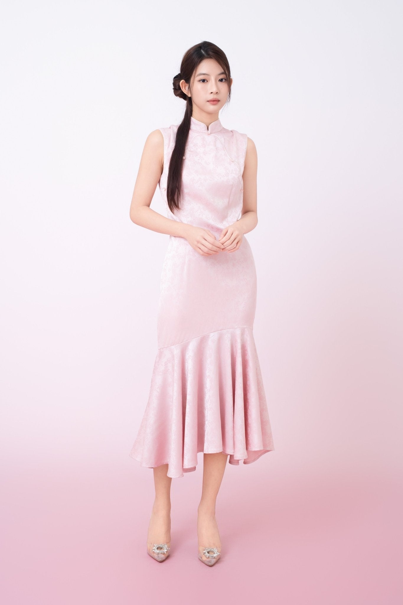 Kynlee Pink Jacquard Mandarin Collar Mermaid Cheongsam Dress - Nimisski