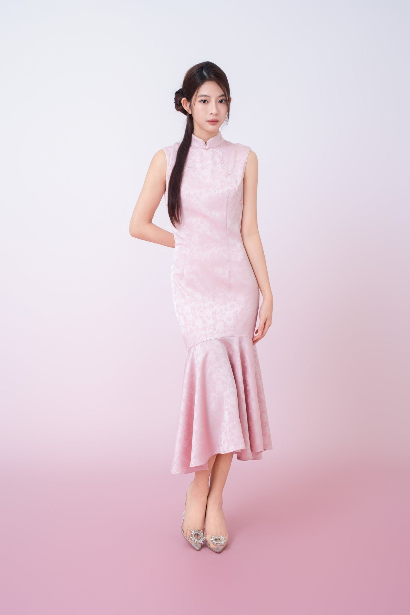 Kynlee Pink Jacquard Mandarin Collar Mermaid Cheongsam Dress - Nimisski