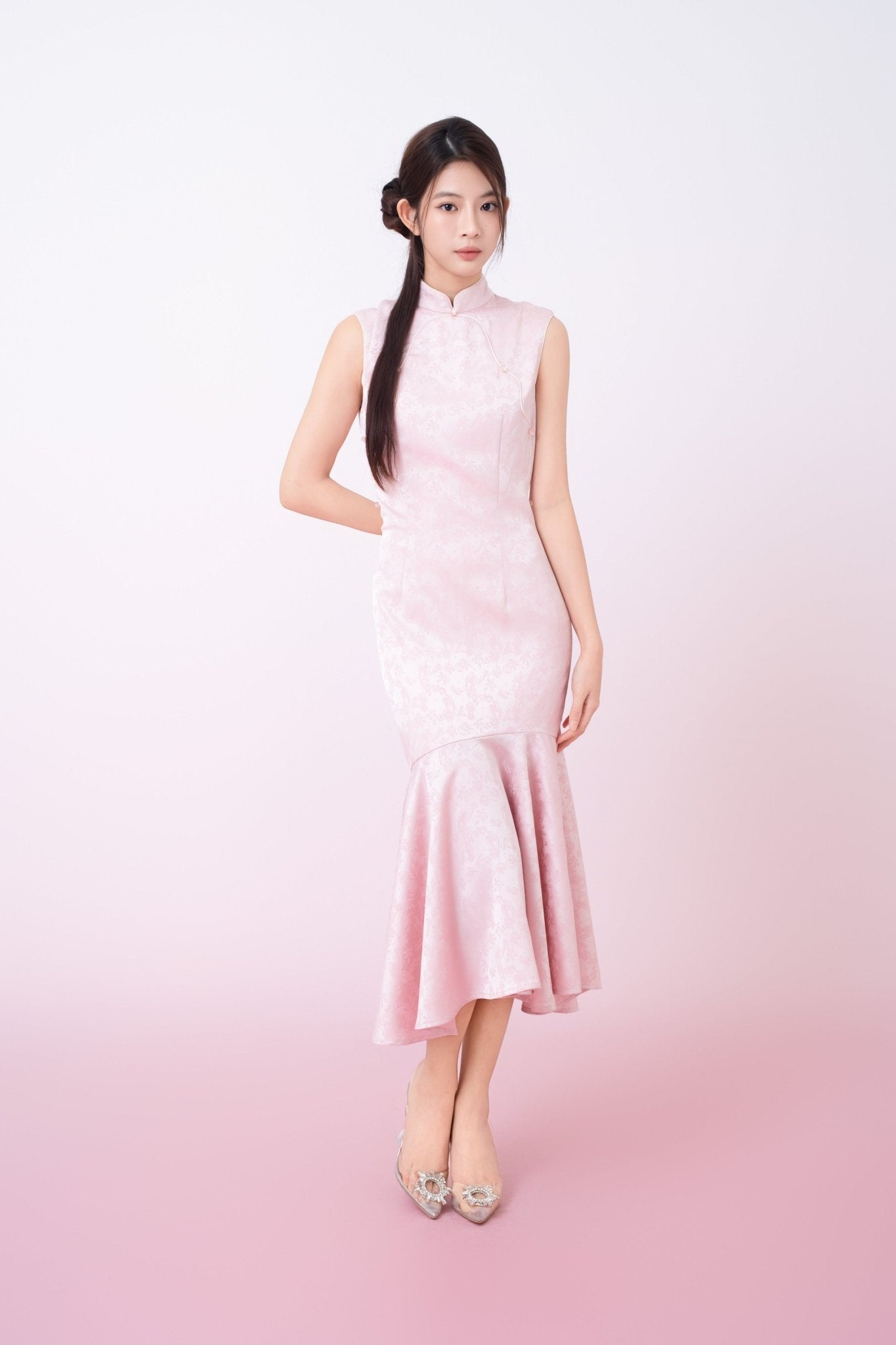 Kynlee Pink Jacquard Mandarin Collar Mermaid Cheongsam Dress - Nimisski