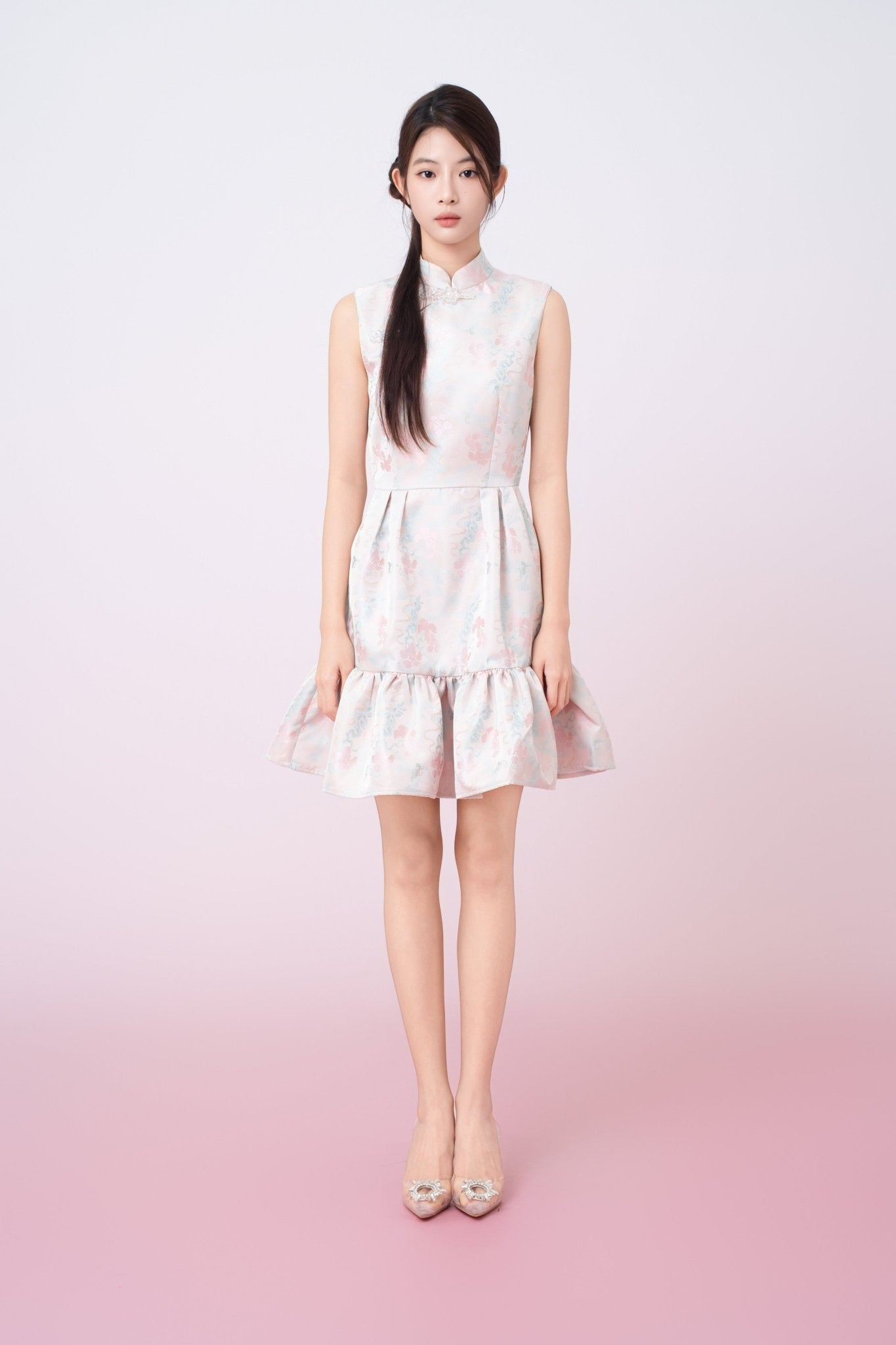 Karina Floral Print In Blush Pink Jacquard Cheongsam Dress - Nimisski