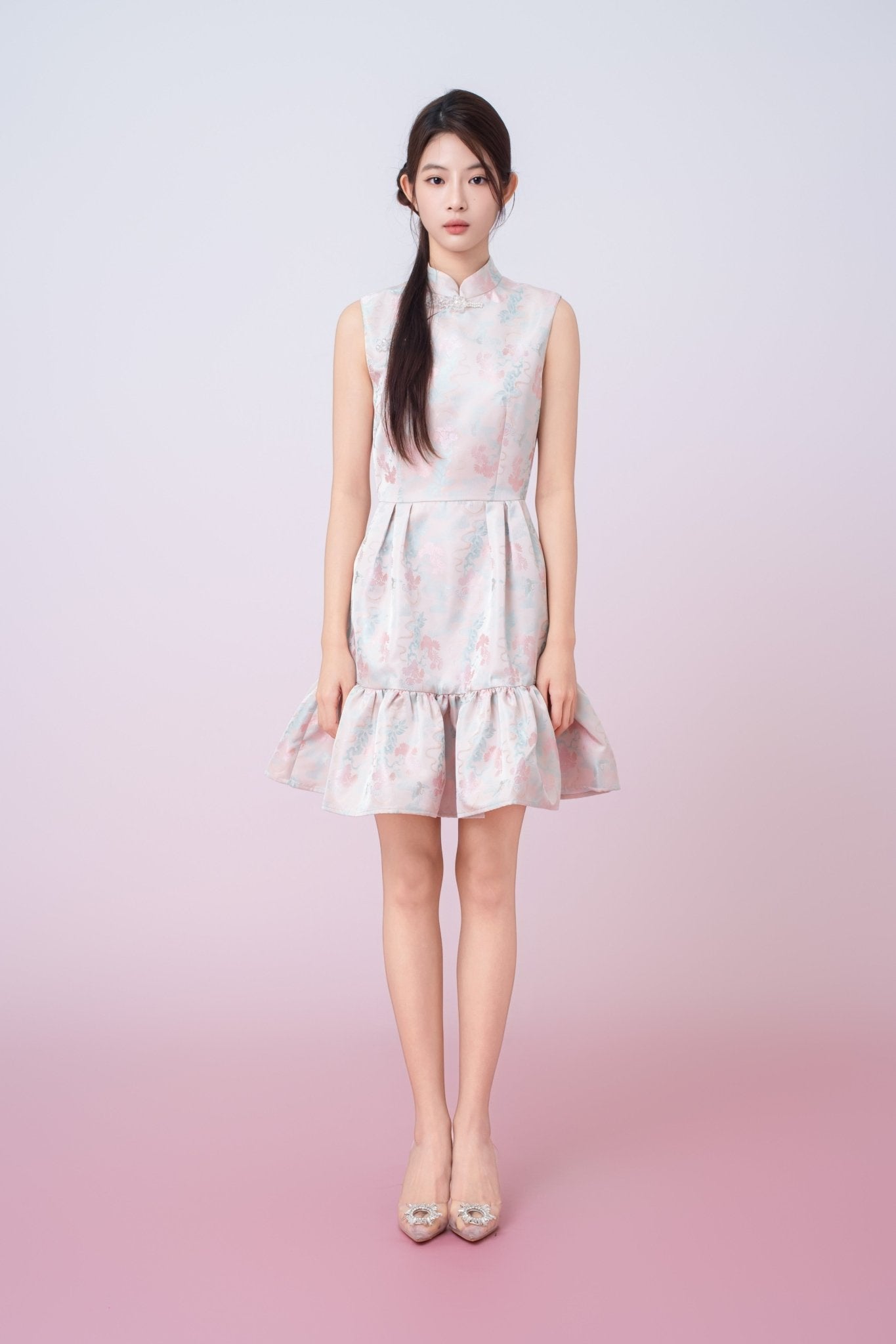 Karina Floral Print In Blush Pink Jacquard Cheongsam Dress - Nimisski
