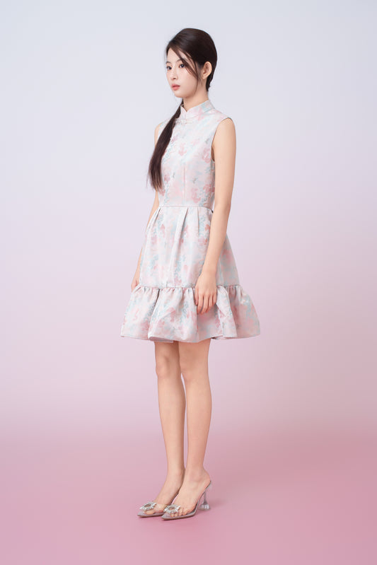 Karina Floral Print In Blush Pink Jacquard Cheongsam Dress