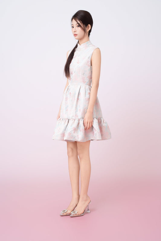 Karina Floral Print In Blush Pink Jacquard Cheongsam Dress - Nimisski