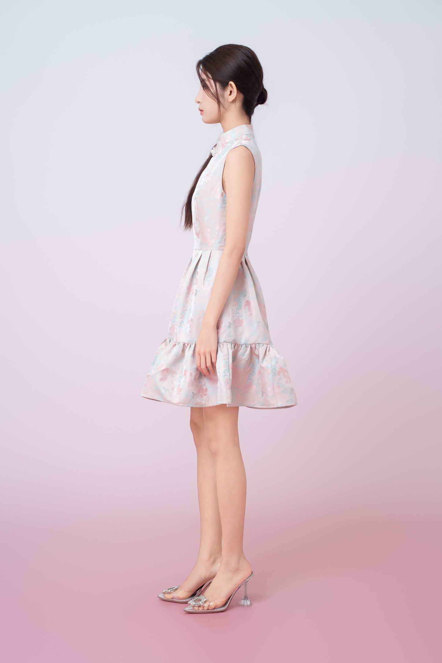 Karina Floral Print In Blush Pink Jacquard Cheongsam Dress