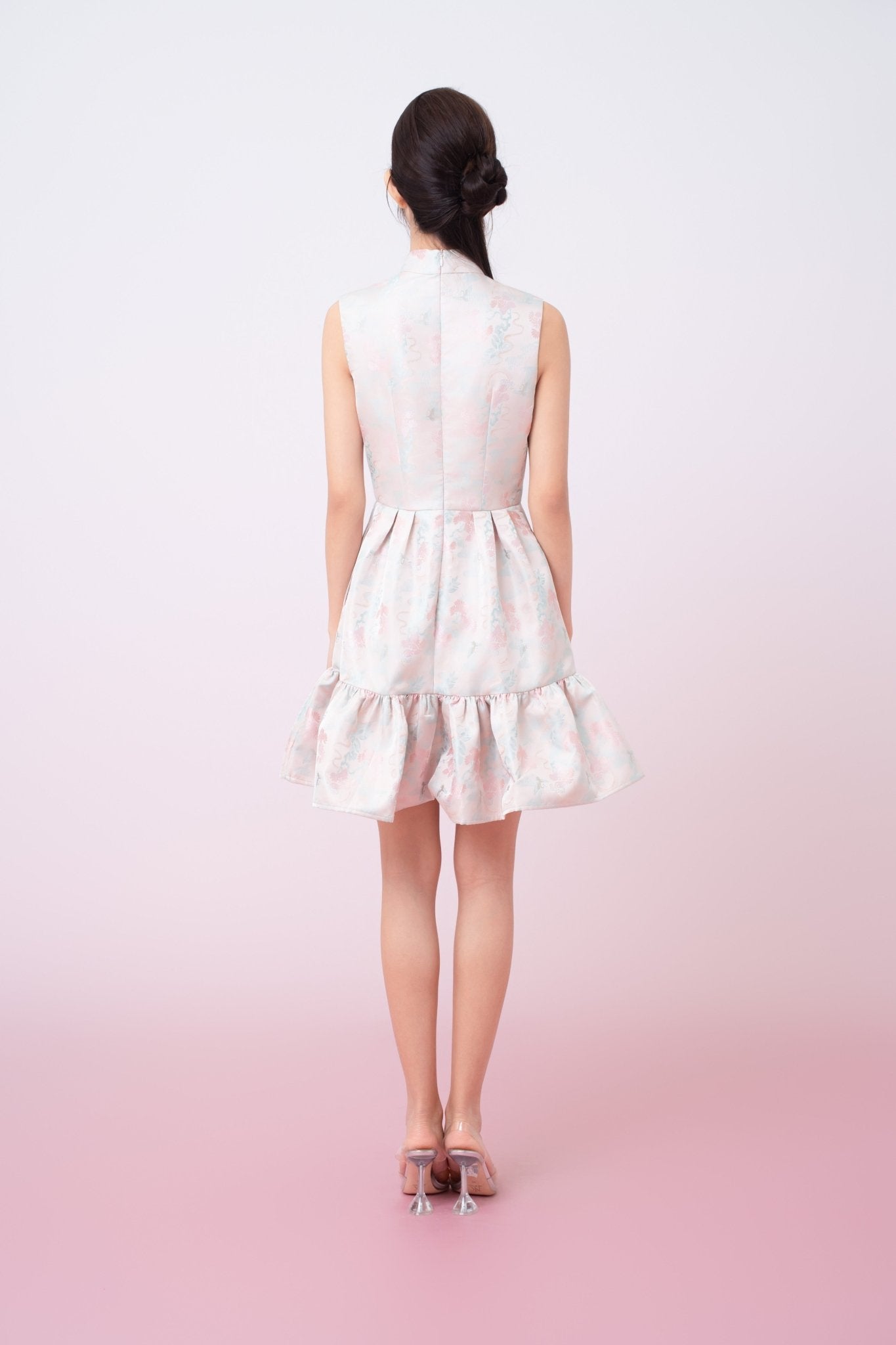 Karina Floral Print In Blush Pink Jacquard Cheongsam Dress - Nimisski
