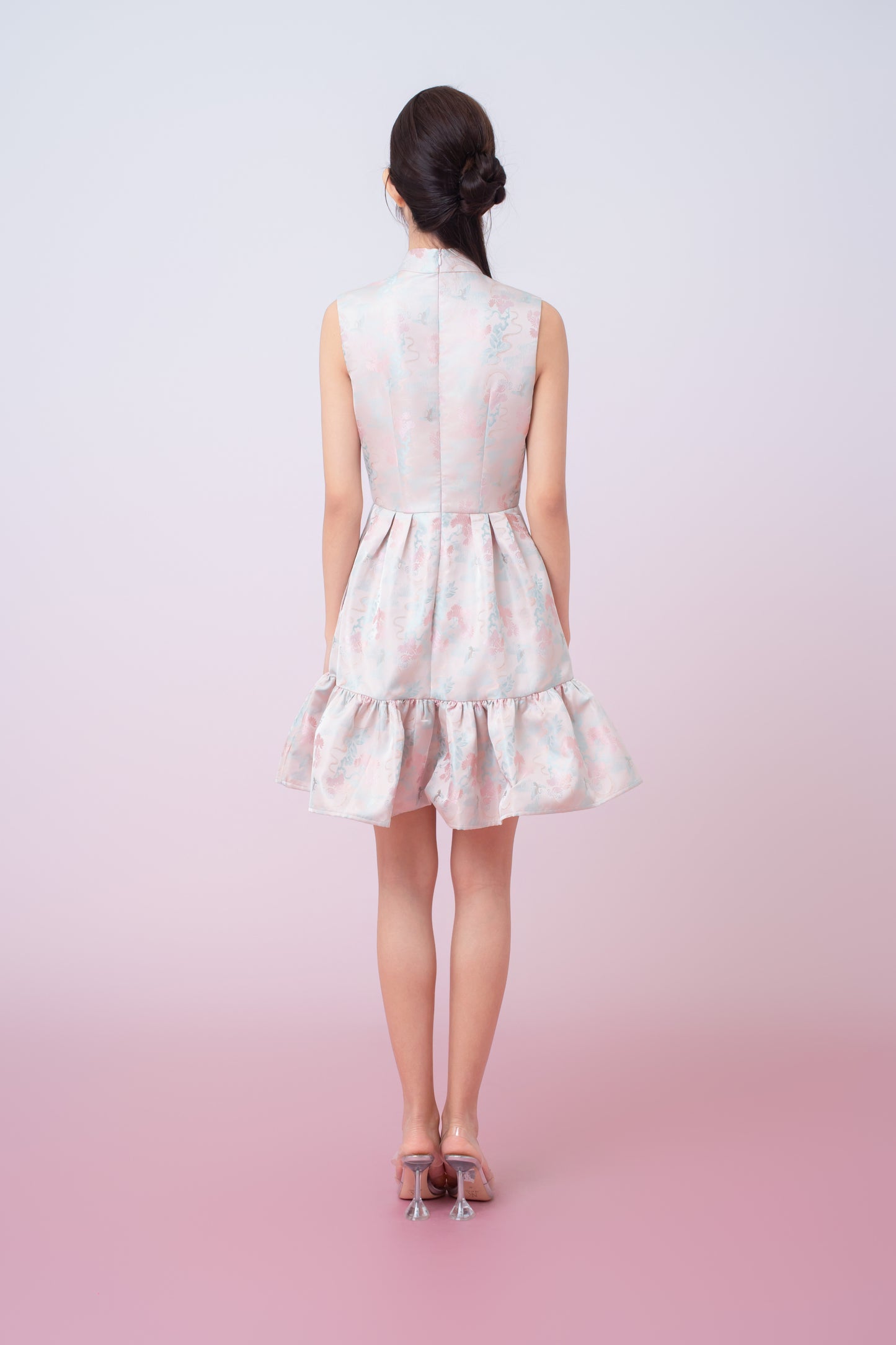 Karina Floral Print In Blush Pink Jacquard Cheongsam Dress