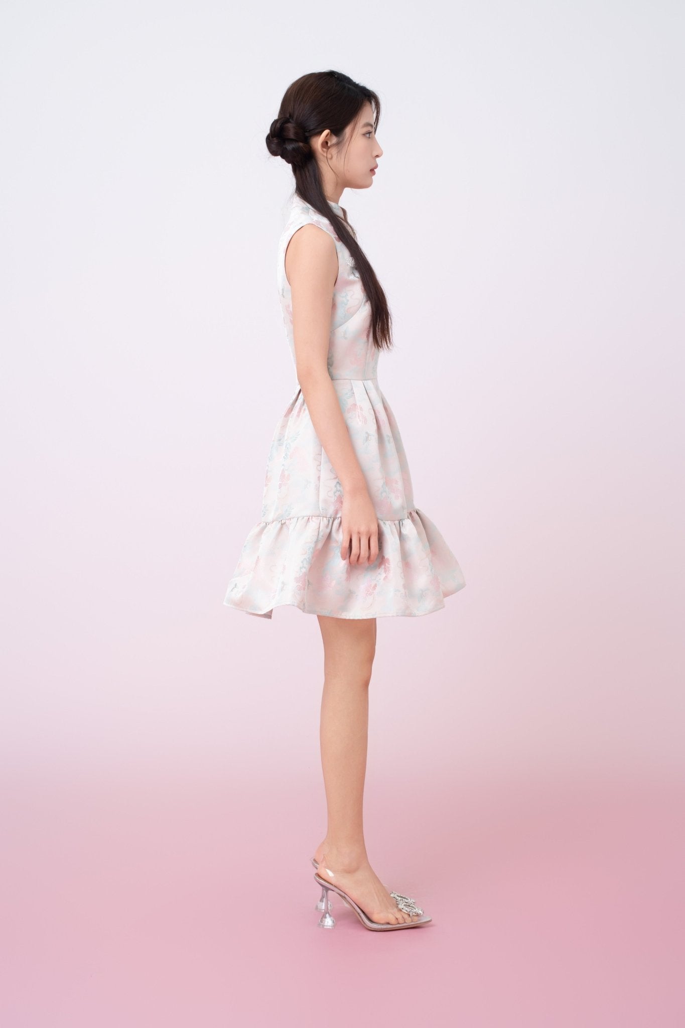 Karina Floral Print In Blush Pink Jacquard Cheongsam Dress - Nimisski