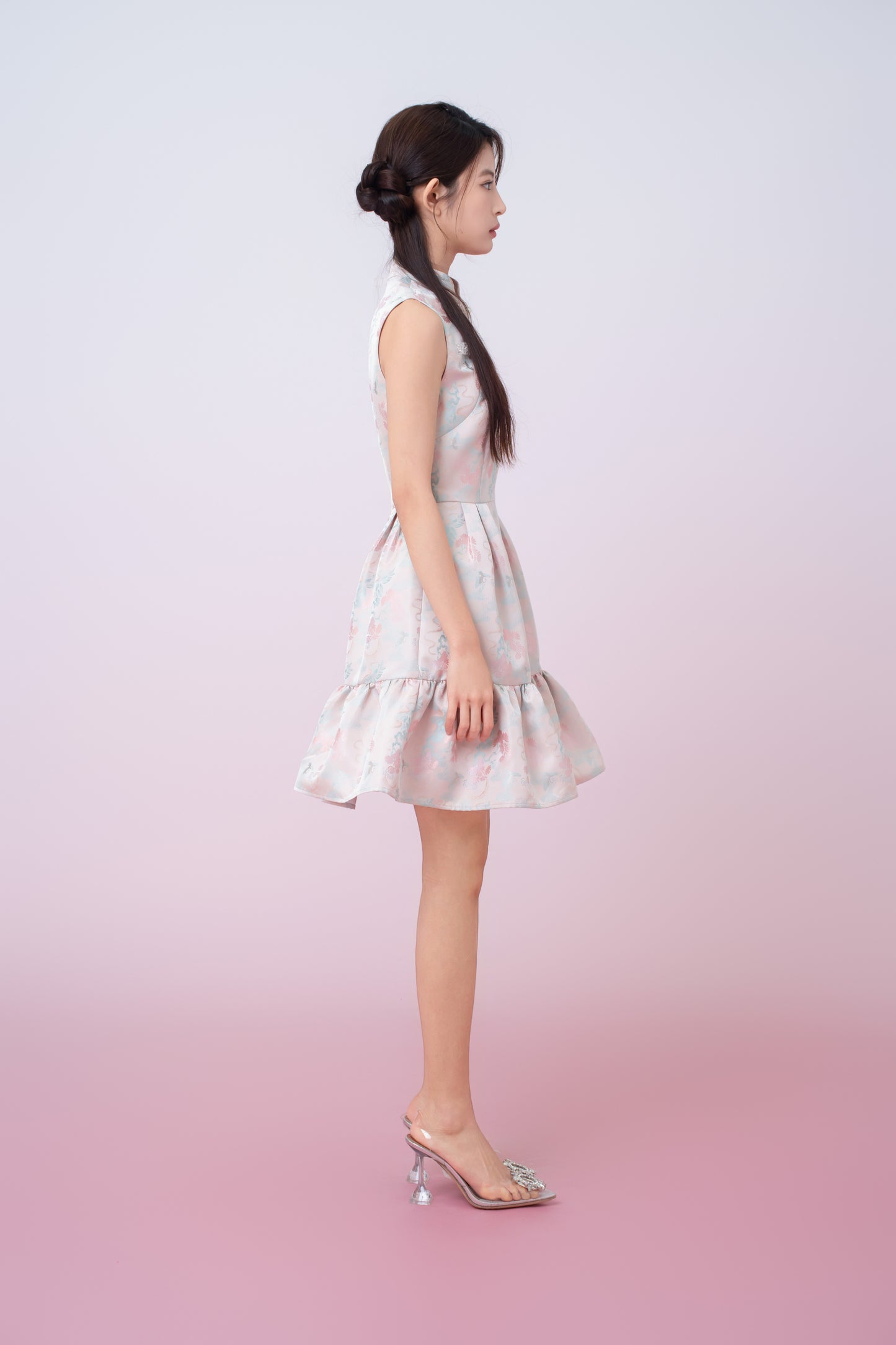 Karina Floral Print In Blush Pink Jacquard Cheongsam Dress