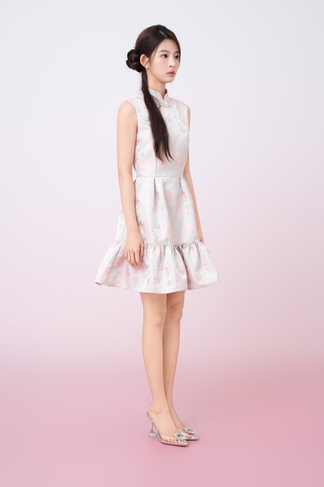 Karina Floral Print In Blush Pink Jacquard Cheongsam Dress - Nimisski