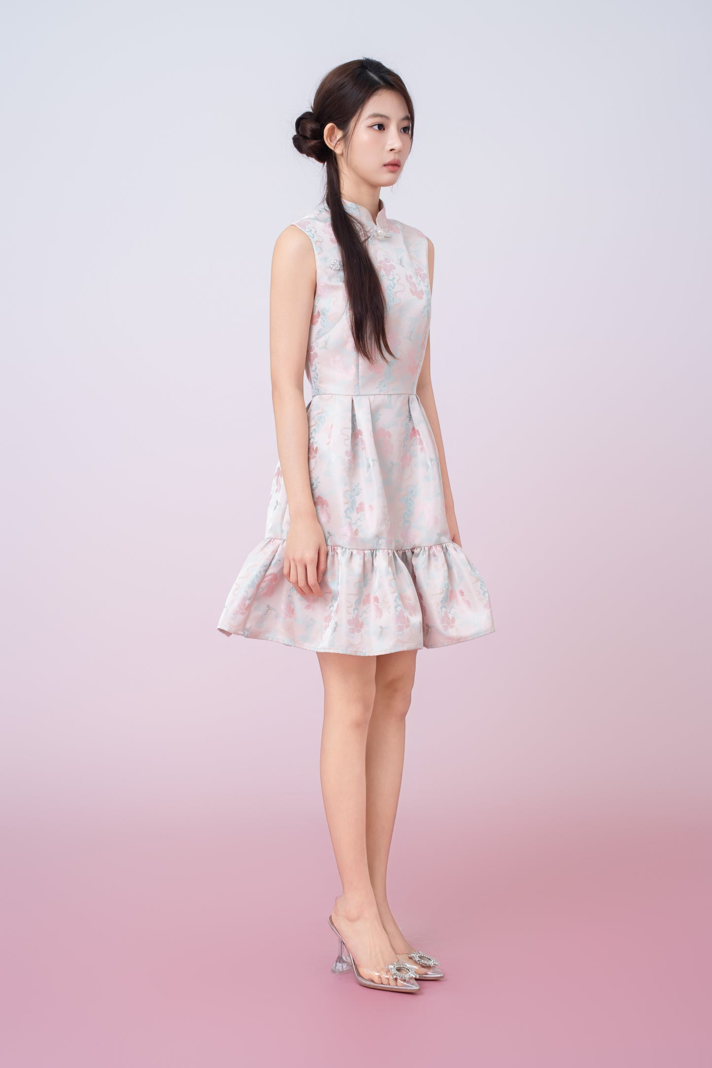 Karina Floral Print In Blush Pink Jacquard Cheongsam Dress